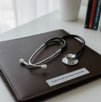 A stethoscope resting on a brown leather folder labeled 'Commercial Insurance Contract' on a white desk with a white cup and a row of books in the background.