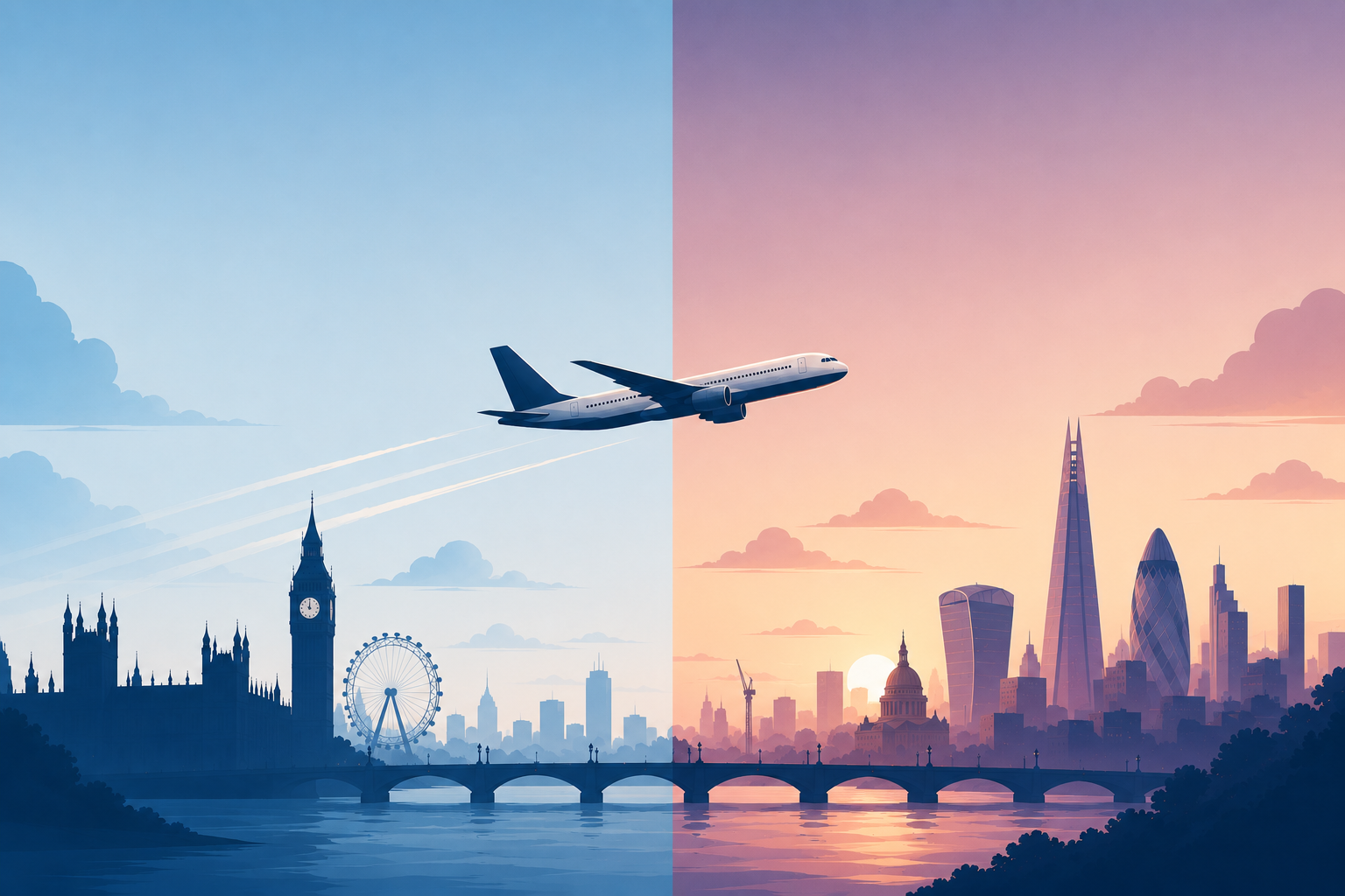 A split image of London on the left with historical landmarks and a blue sky, and a non-UK city on the right with modern skyscrapers and a sunset, with a flying airplane in the centre.
