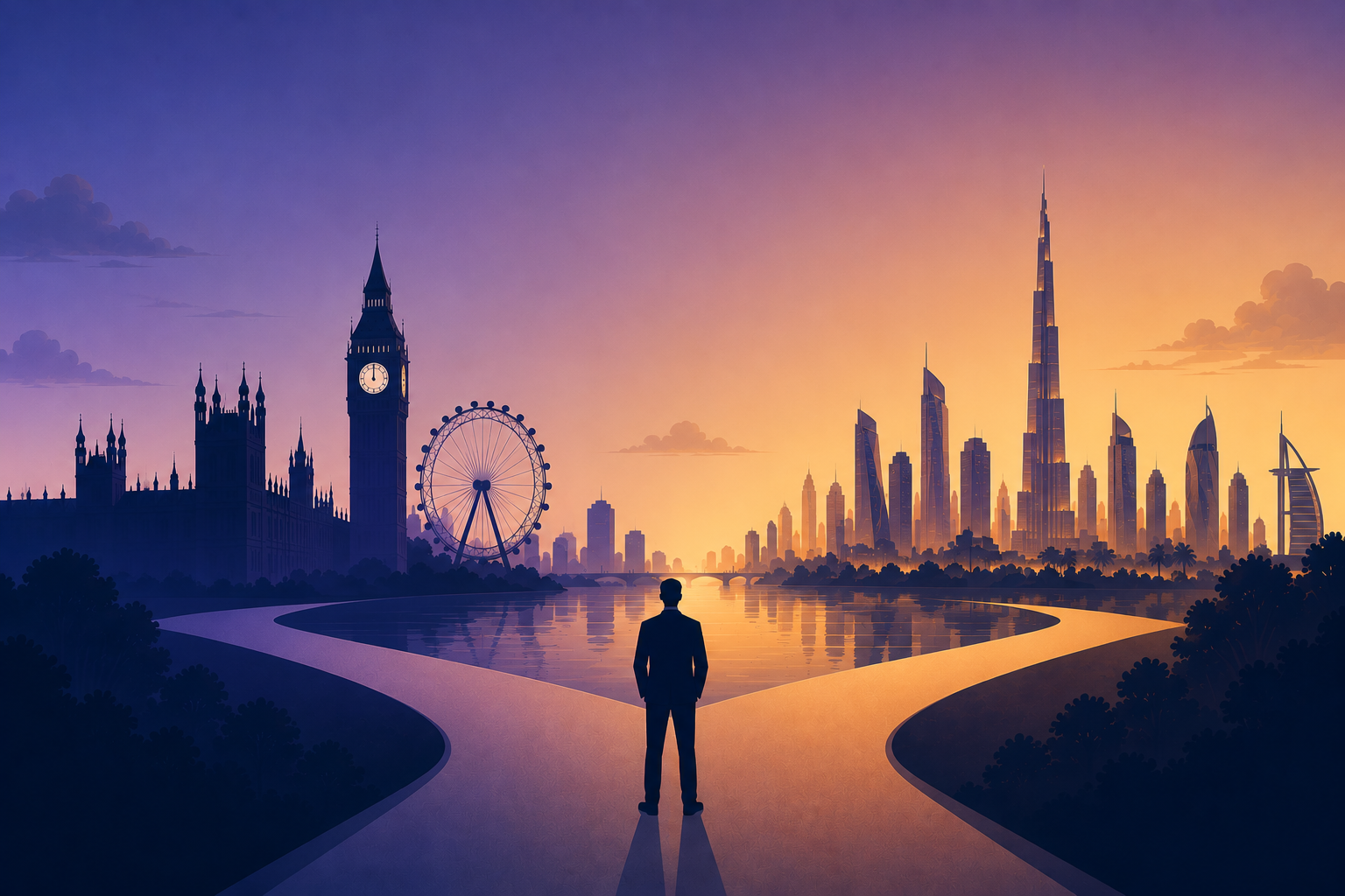 A silhouette of a man standing on a split road overlooking a cityscape with famous landmarks such as Big Ben, a Ferris wheel, and skyscrapers during sunset.