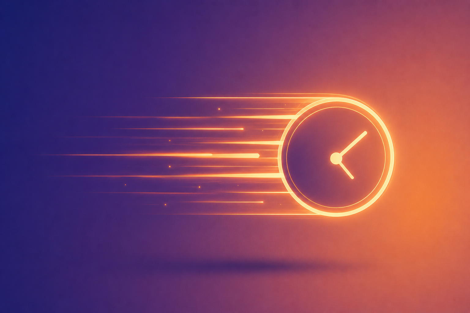 A glowing, neon clock with orange outlines is moving swiftly to the right, showing a sense of speed in a digital, futuristic style.