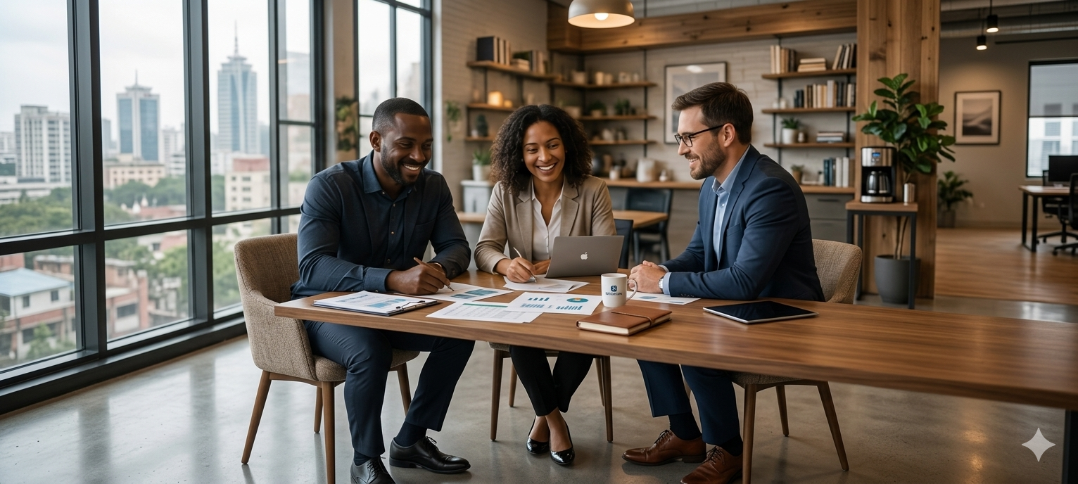 Three business professionals, two men and one woman, sitting at a table in a modern office with large windows showing a cityscape, smiling and discussing documents.