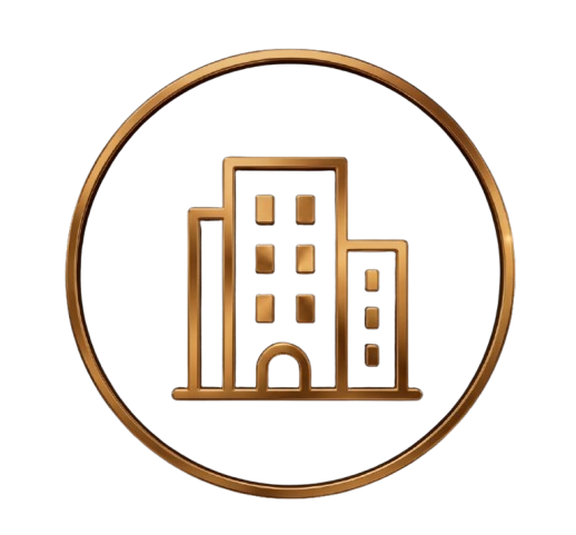 A stylized icon of a tall building with multiple floors, enclosed in a gold circular border on a dark background.