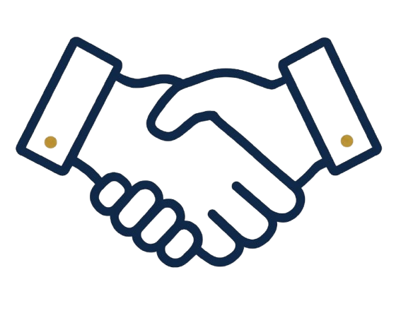 Line drawing of two hands shaking, with dotted lines indicating cuffs and small gold buttons on the sleeves.