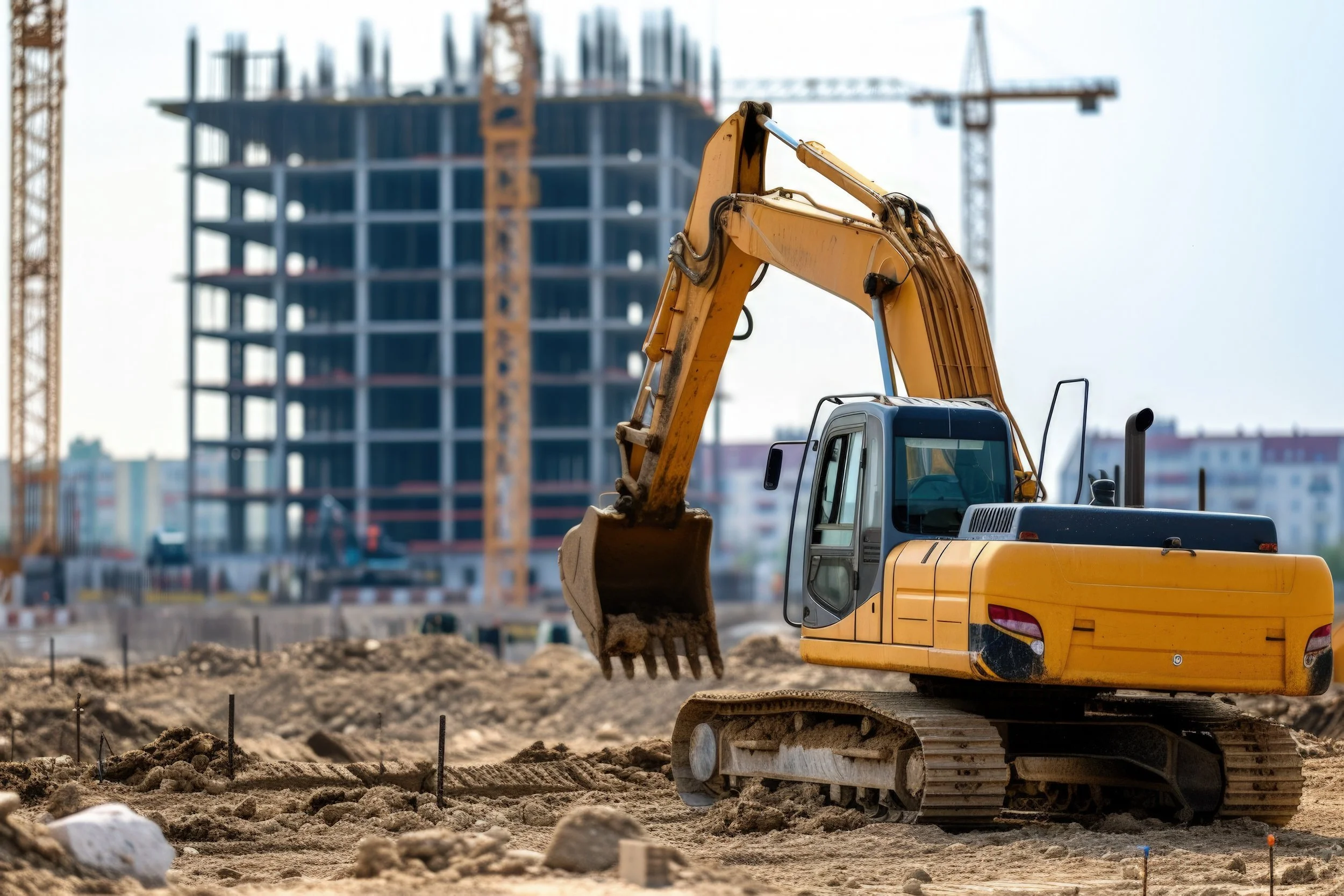 A yellow construction excavator on a dirt construction site with a building under construction and cranes in the background.