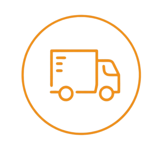 Icon of a delivery truck inside an orange circle with a black background.