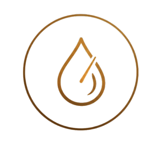 A logo featuring a stylized droplet with a slash through it, inside a gold-outlined circle on a dark background.