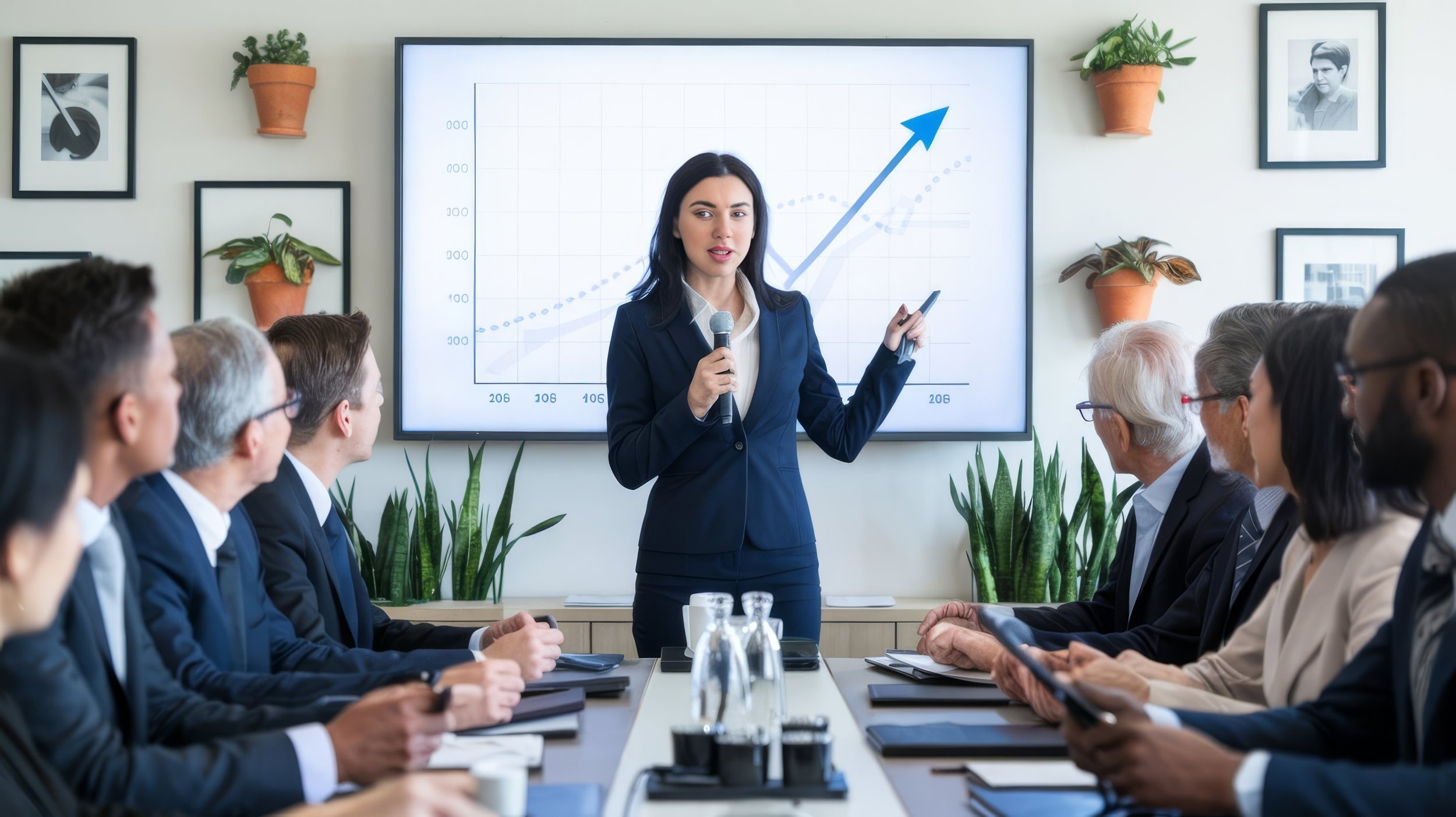 Businesswoman giving a presentation to a group of professionals in a conference room, with a graph showing an upward trend on a large screen.