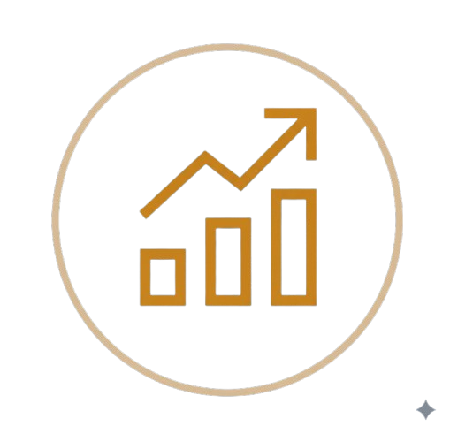 Circular icon featuring a stylized bar chart with three bars increasing in height, an upward arrow, and a small blue line chart above the bars, symbolizing growth or progress.