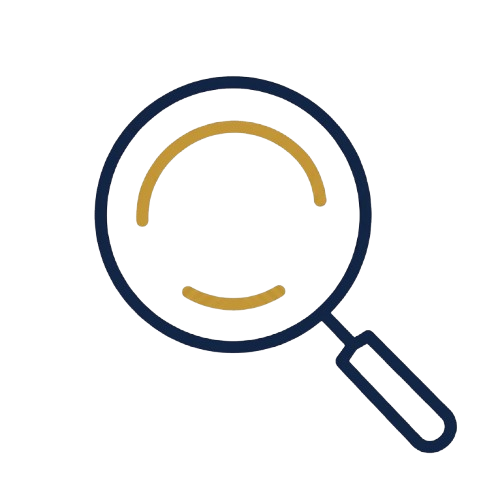 Magnifying glass focusing on a pie chart with orange and yellow segments.