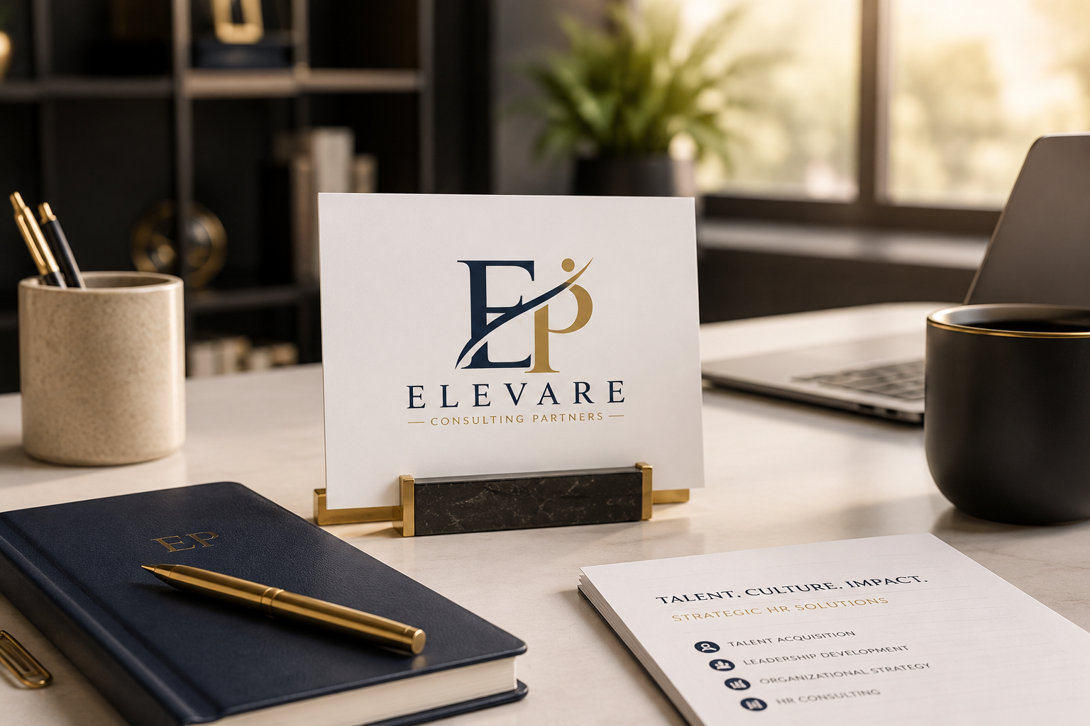 Desk with a black notebook, gold pen, digital tablet, black and gold mug, a sign with Elevare Consulting Partners logo, and a sheet titled Talent. Culture. Impact.