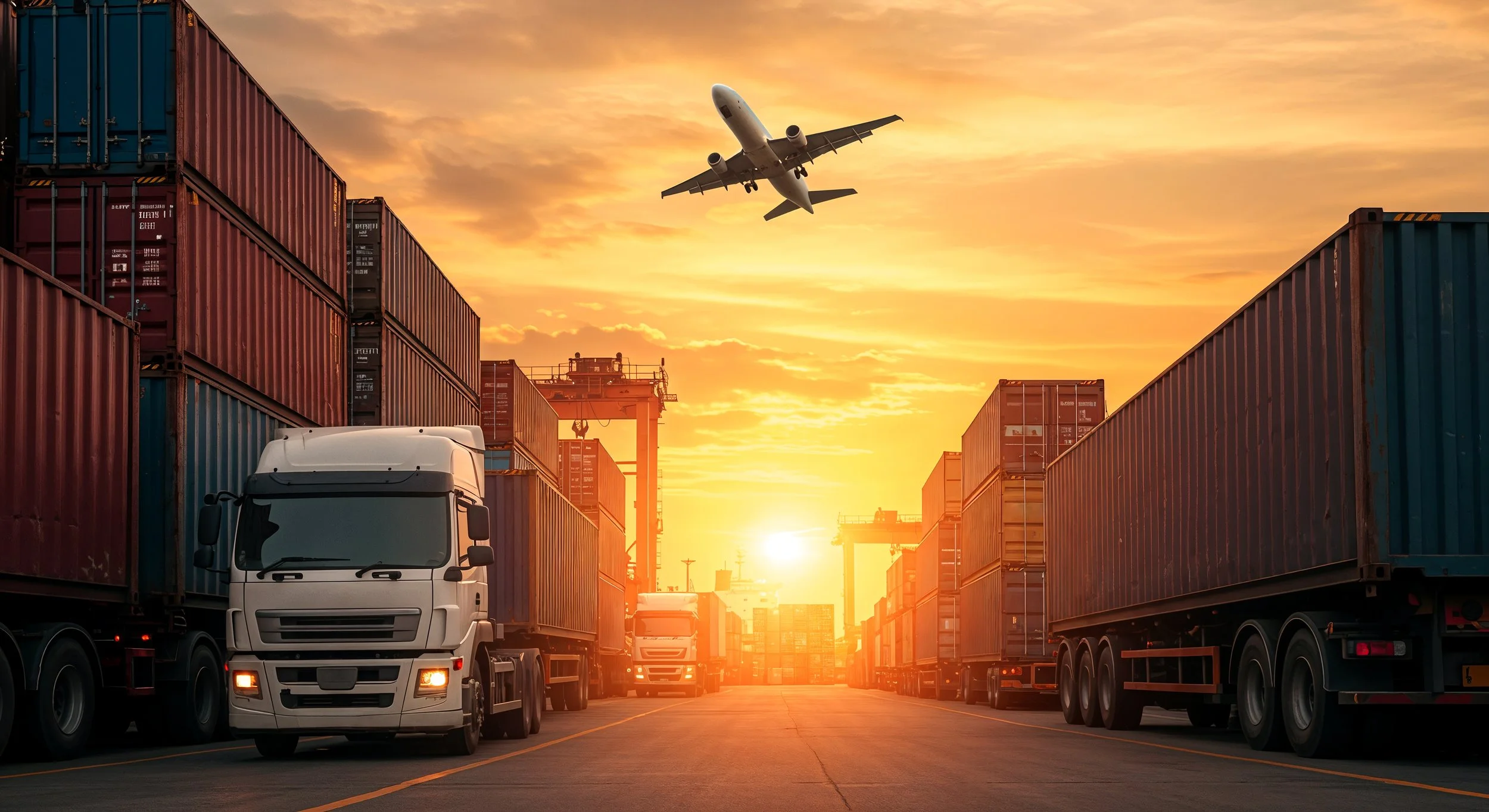 Shipping containers and trucks in a port area during sunset, with an airplane flying overhead.
