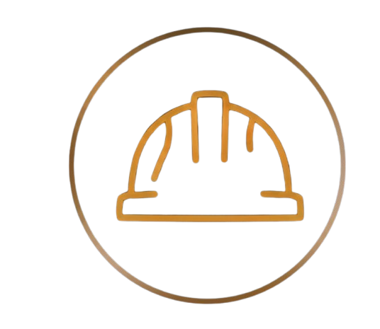 A gold-colored welding helmet outline on a dark red background, enclosed in a circular border.