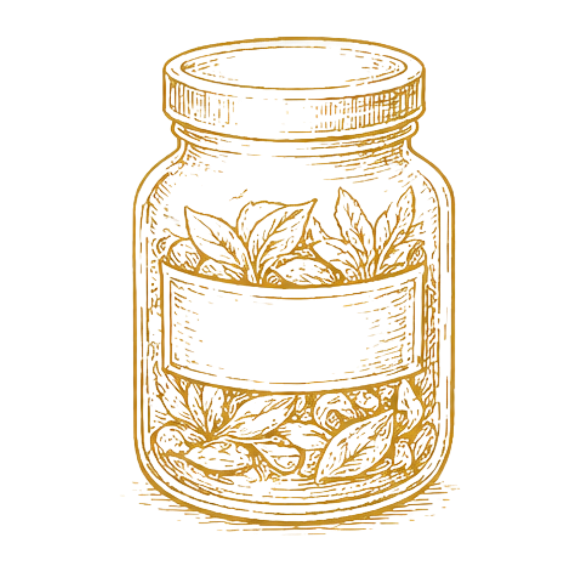 A gold decorative jar with intricate floral and leaf patterns, holding herbs inside