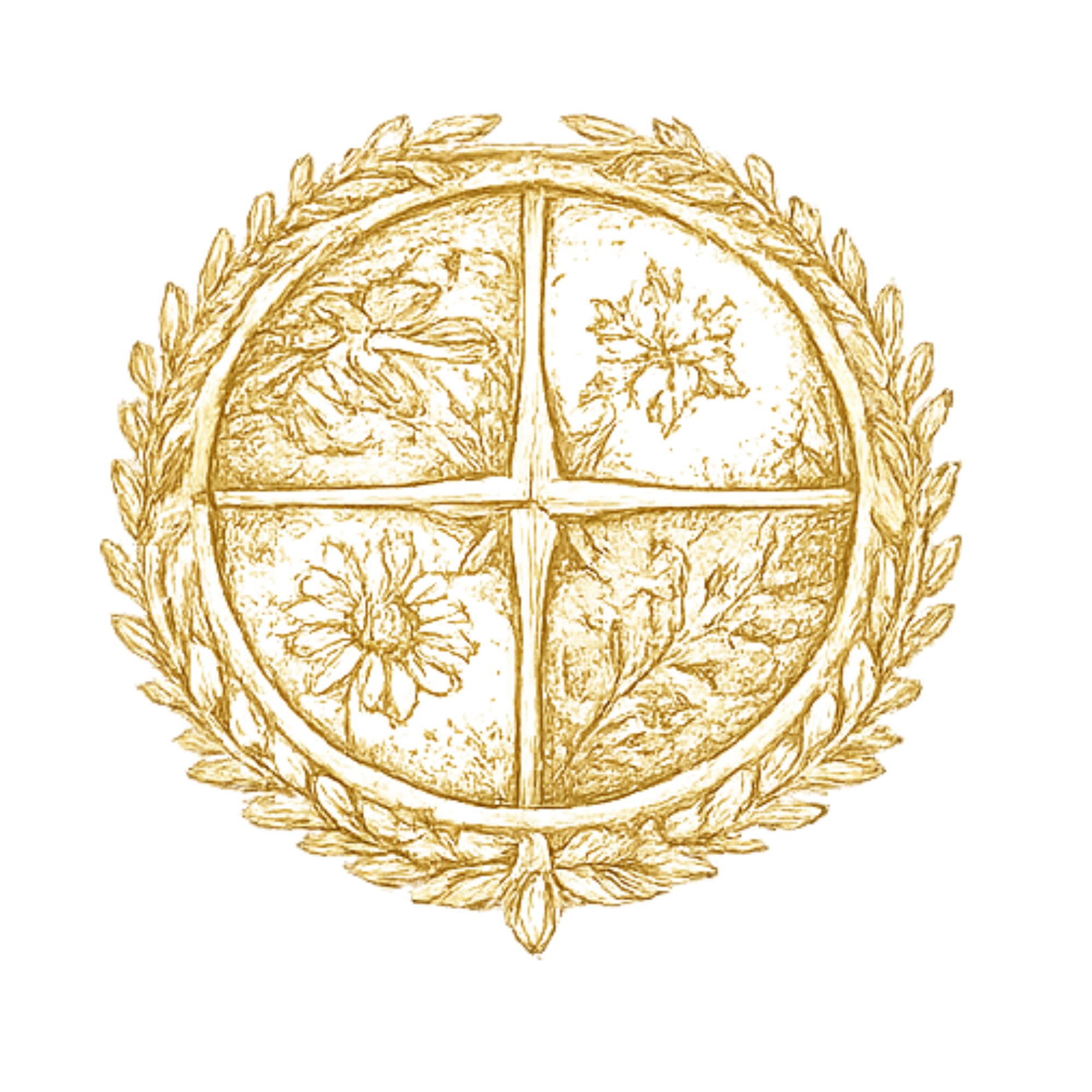 Close-up of a gold ornate relief sculpture of the four seasons within a laurel wreath.