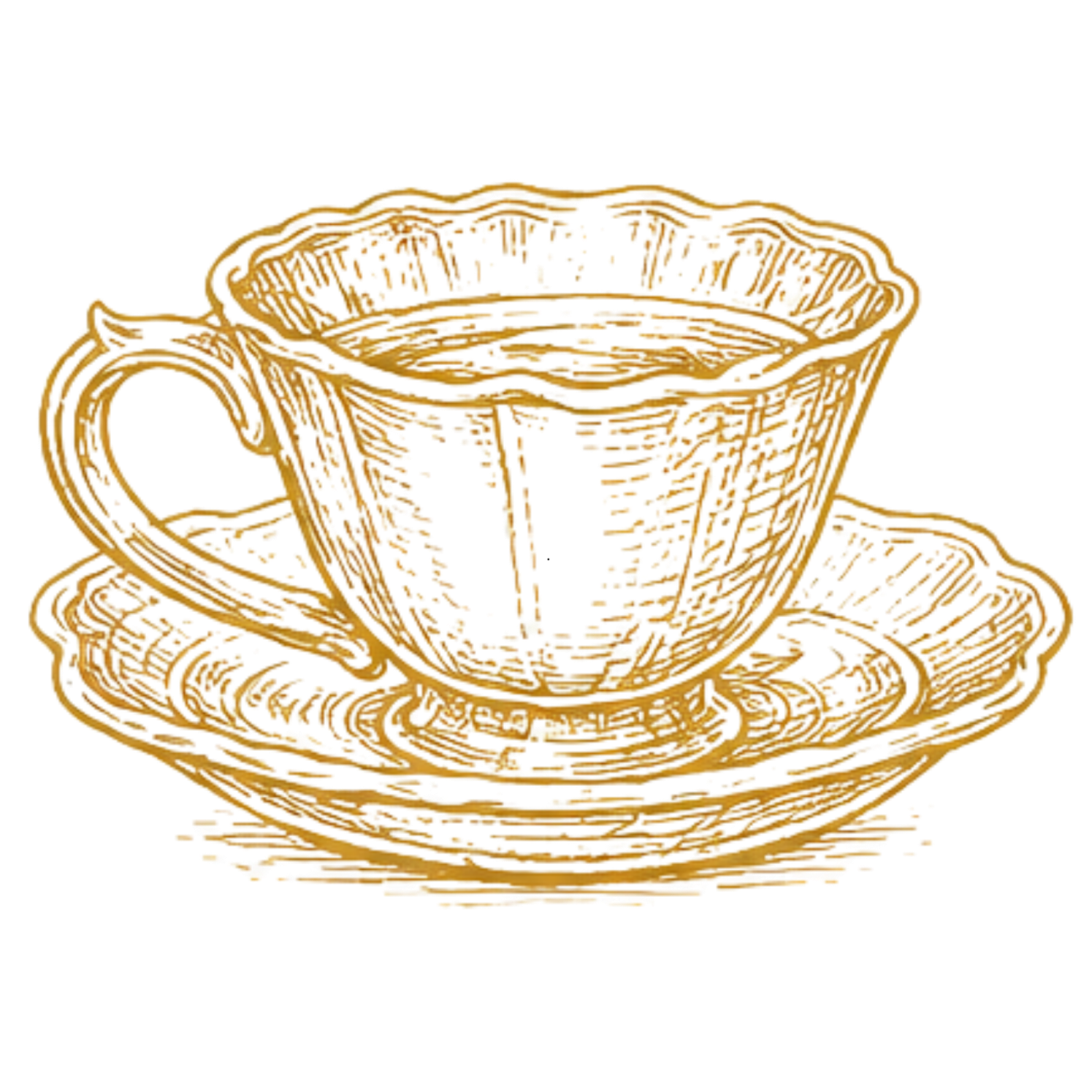 Gold wireframe drawing of a coffee cup with a saucer