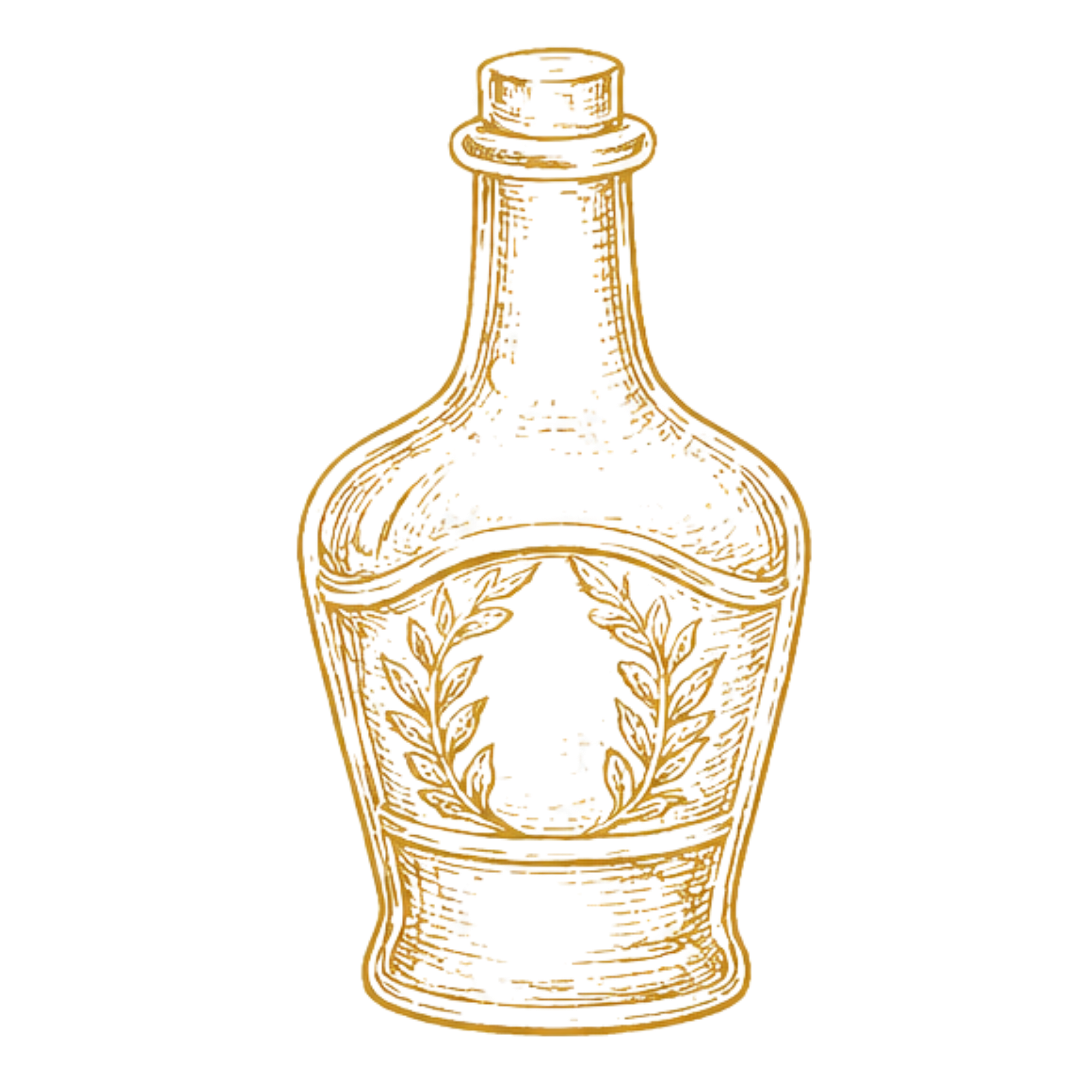 Golden outline drawing of a glass bottle a stopper and laurels on the label