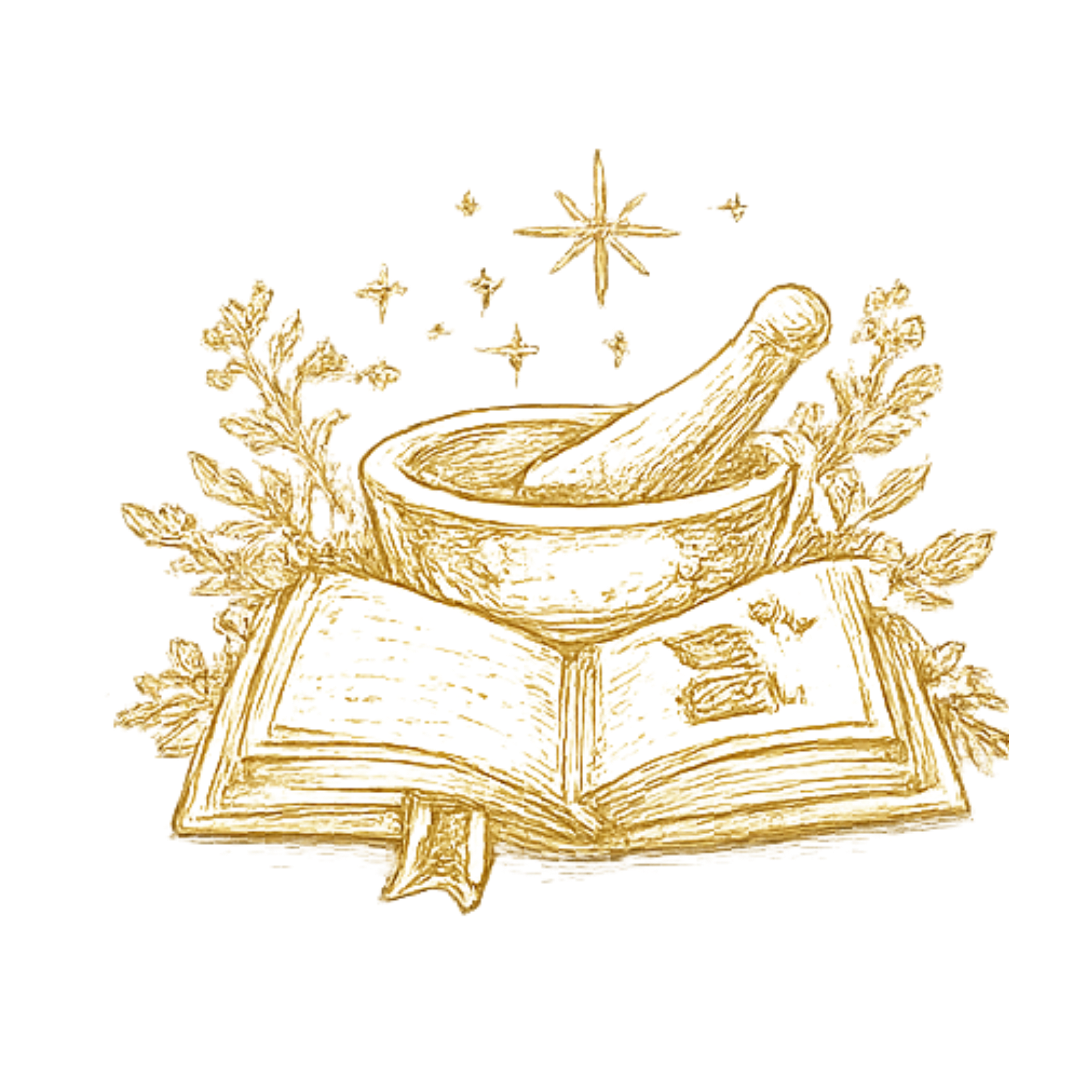 Gold embroidered book and mortar and pestle with sparkles and herbs surrounding