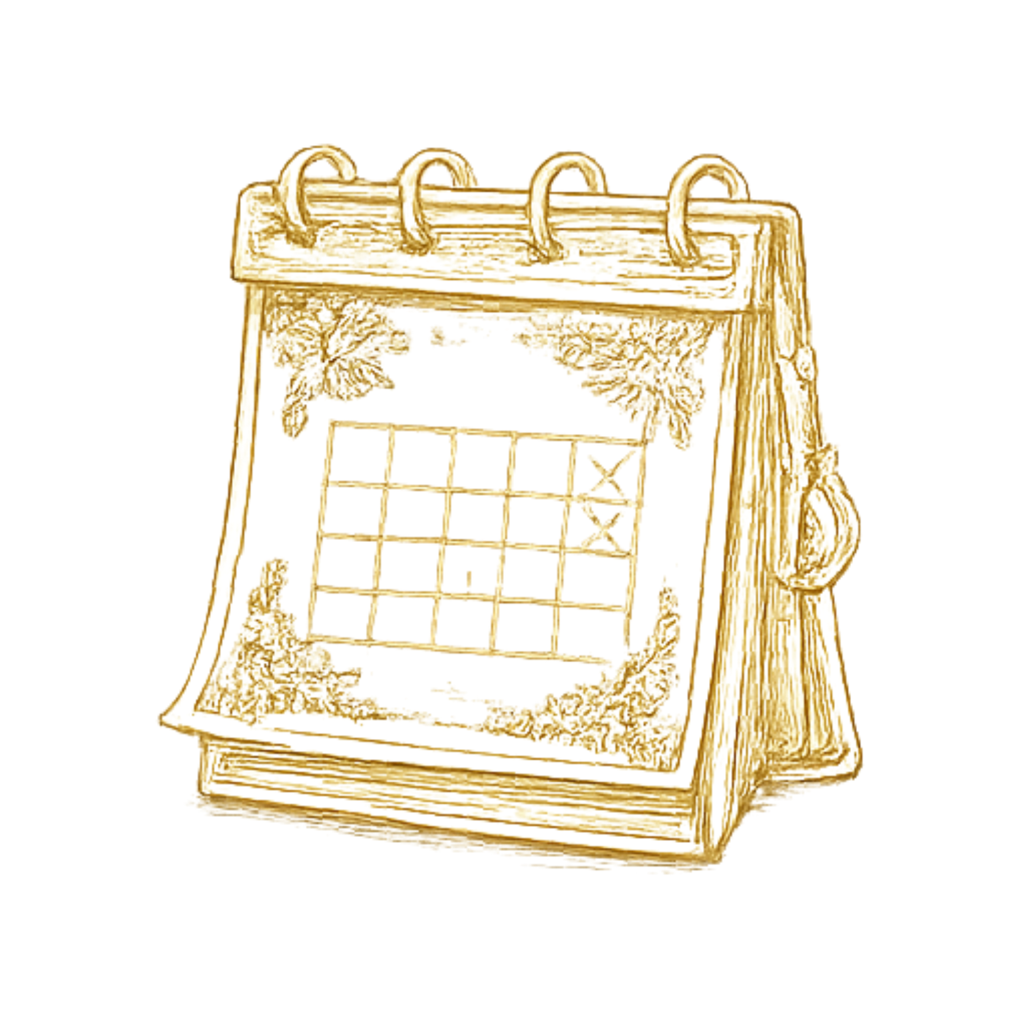 A gold-colored flip calendar floral design on the front