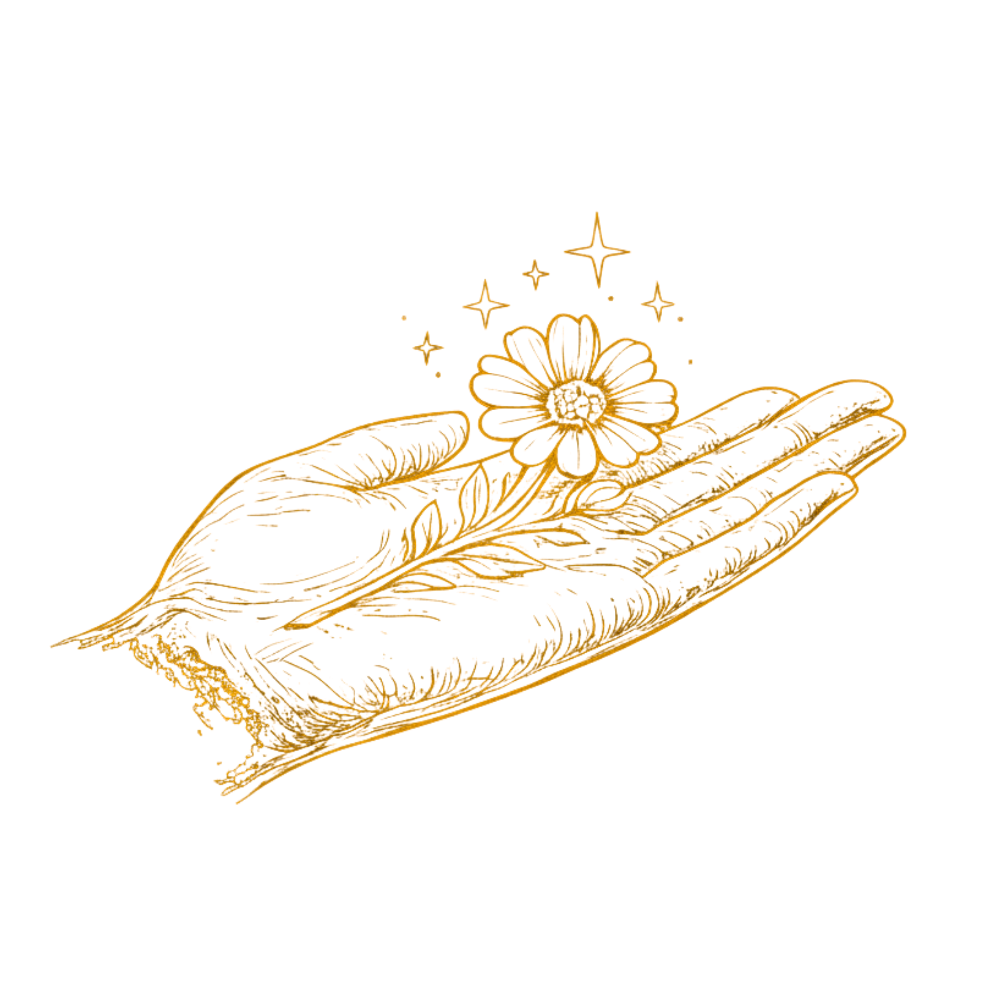 Gold outline drawing of a hand holding a flower with sparkles