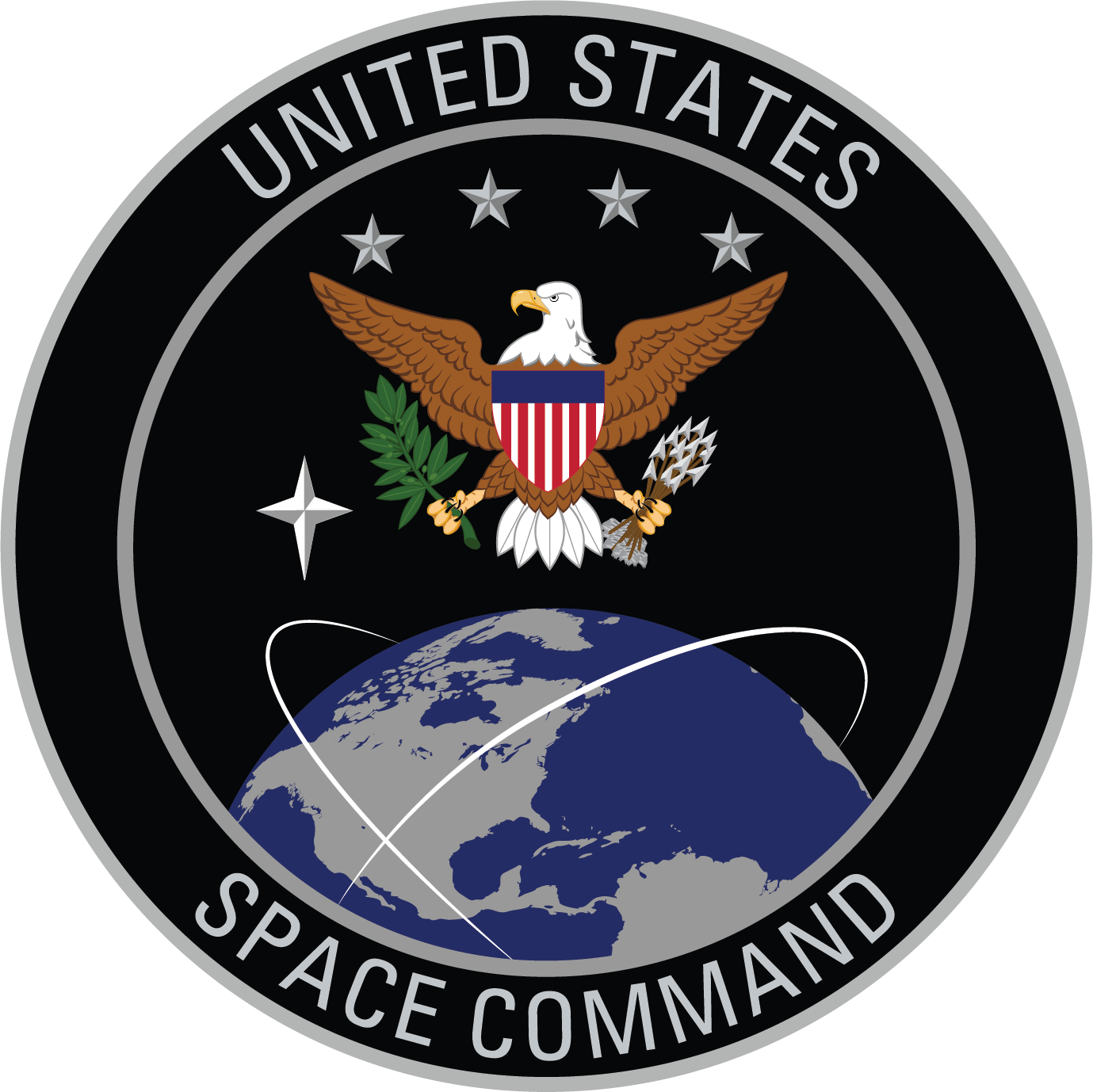 NASA Space Command emblem with an eagle, globe, and stars on a black background.