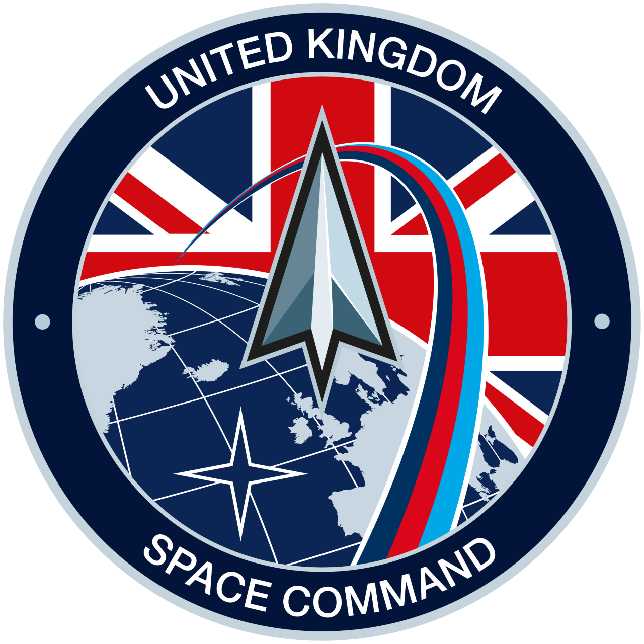 Emblem of the United Kingdom space command featuring a spaceship arrow over a map of the United Kingdom, with Union Jack flags in the background.