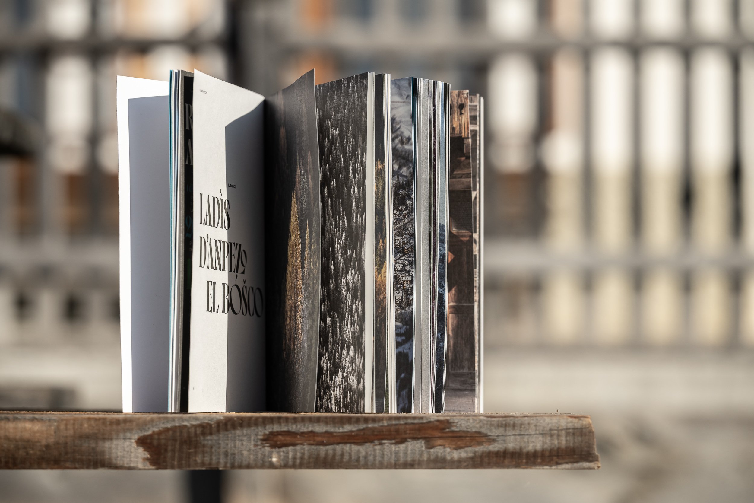 Raggruppamento di libri aperti con copertine varie, su uno scaffale di legno naturale.