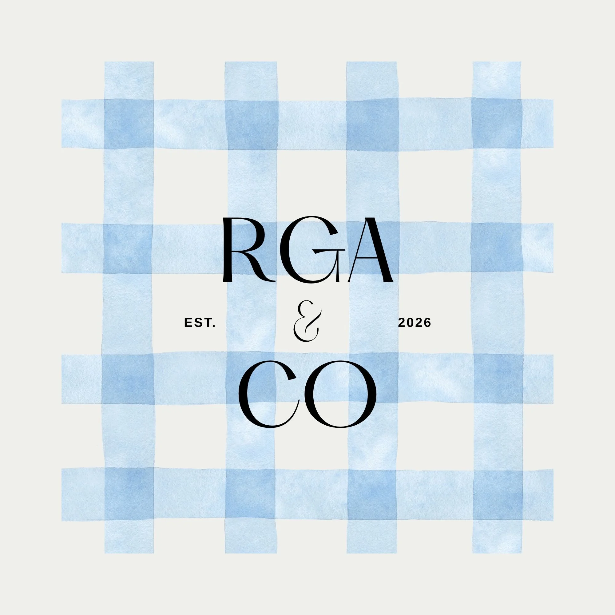 A logo with a checkered pattern and the letters 'RGA' in the center, with additional text 'EST. 2026' and some decorative elements.