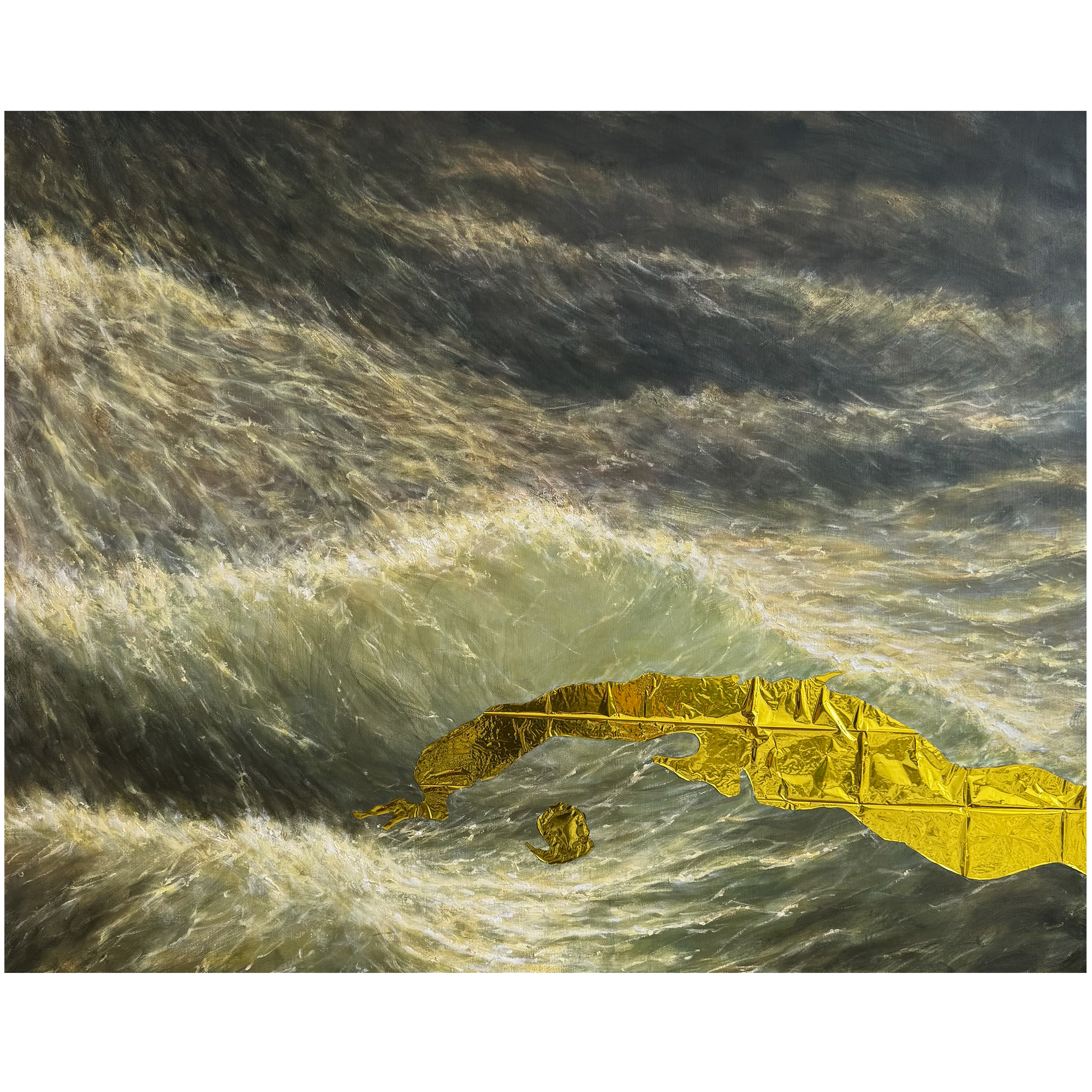 Fratura II (2026). Série "Êxodos". Óleo sobre tela e manta térmica.
