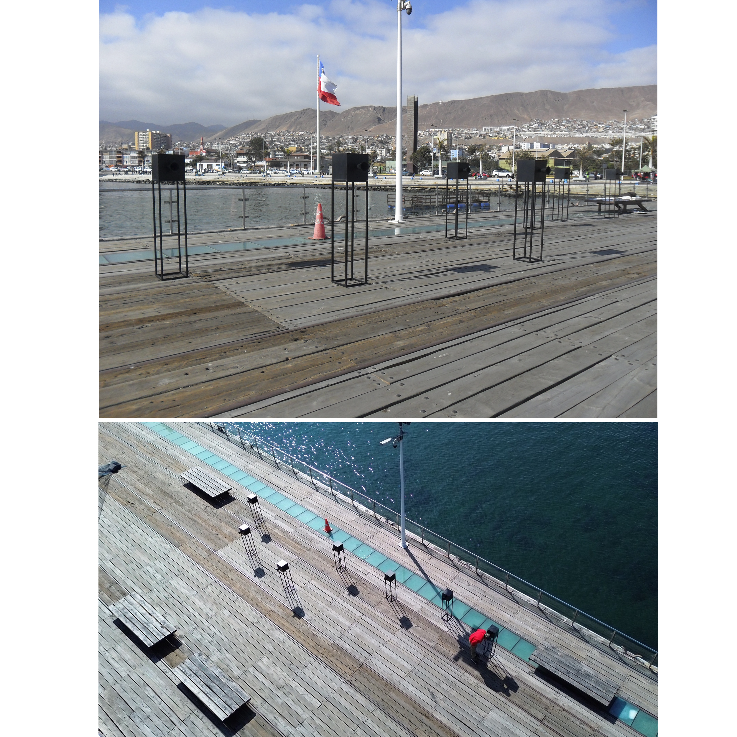 Instalação sonora interativa de 7 canais, criada especificamente para o local, intitulada Whisper of the Stars, 1.2ª Bienal SACO, Melbourne Clark Pier, Antofagasta, Chile, 2025. Dimensões: 490 cm x 250 cm x 150 cm