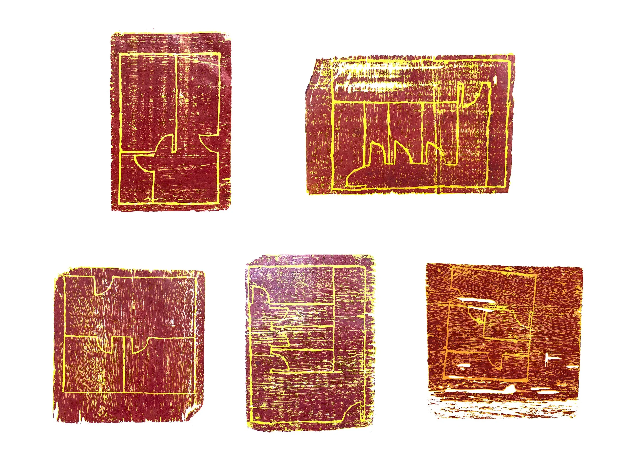 CARTOGRAFIA DO CORPO – territórios fragmentados (2024). Xilogravura impressa sobre papel de arroz, 20 x 20 cm (cada).