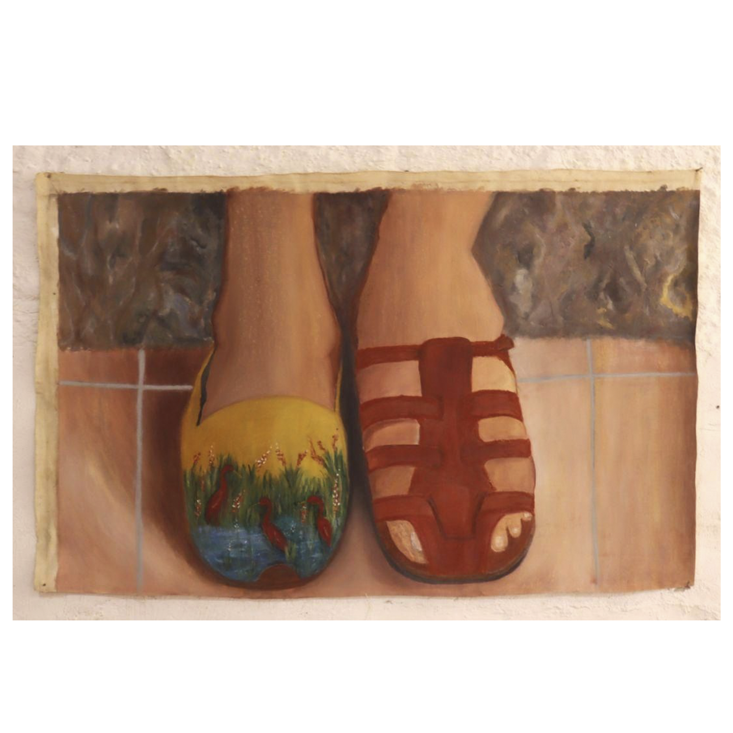 Segundo Deslocamento - Los pies con qué camino, entre o São Francisco y el Apure (alpargata e xô boi) (2023). Óleo e pastel oleoso sobre tecido de algodão, 115 x 72 cm.
