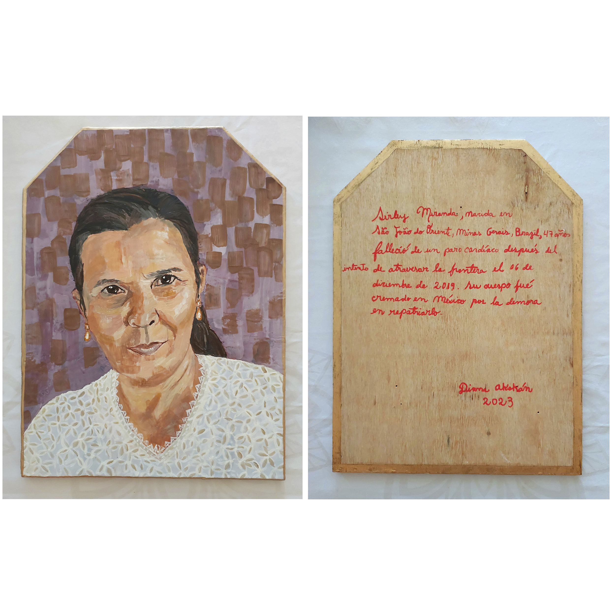 Máscara Funerária para Sirley (2023). Encáustica sobre madeira e douramento. Frente e verso, 40x30cm.