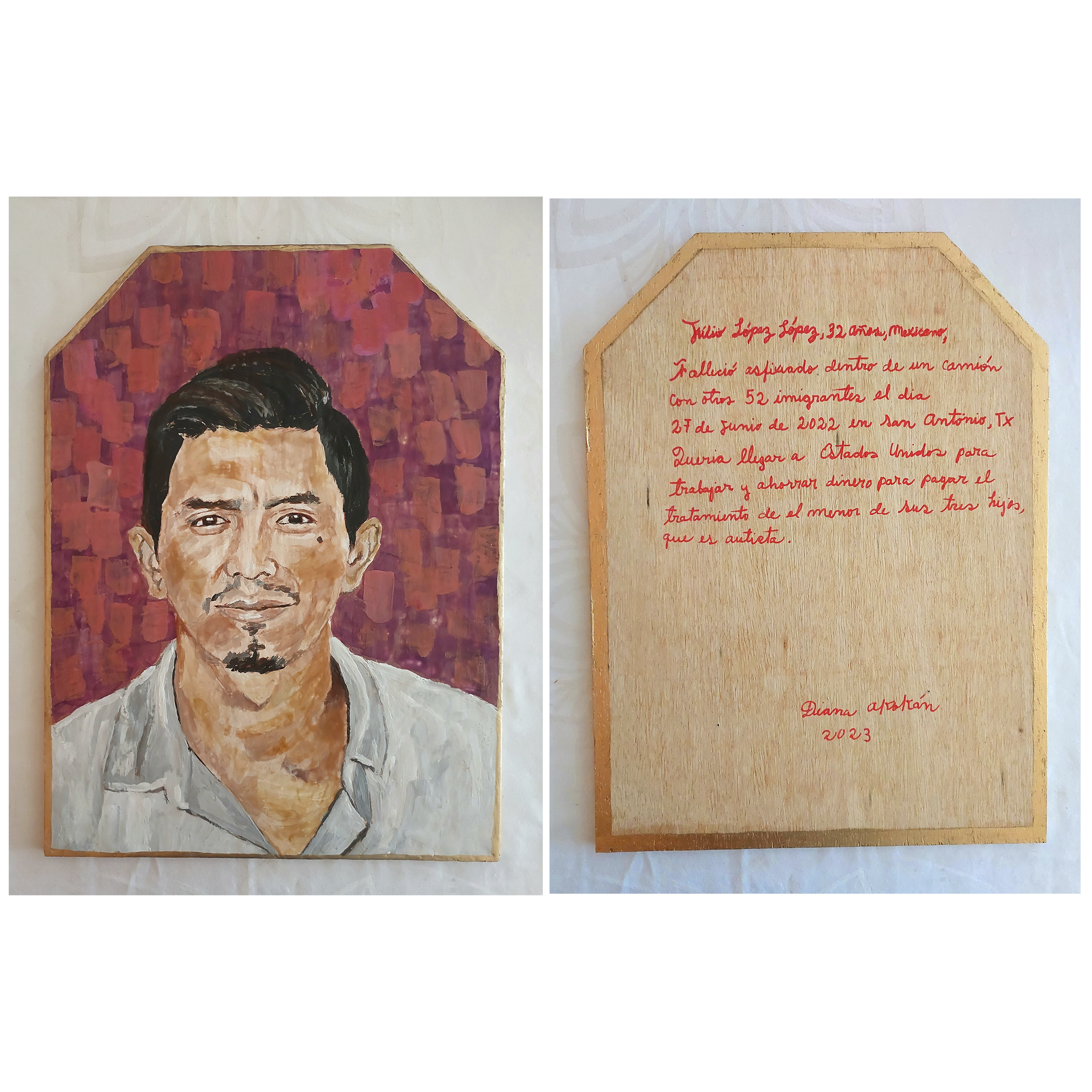 Máscara Funerária para Julio (2023). Encáustica sobre madeira e douramento. Frente e verso, 40x30cm.