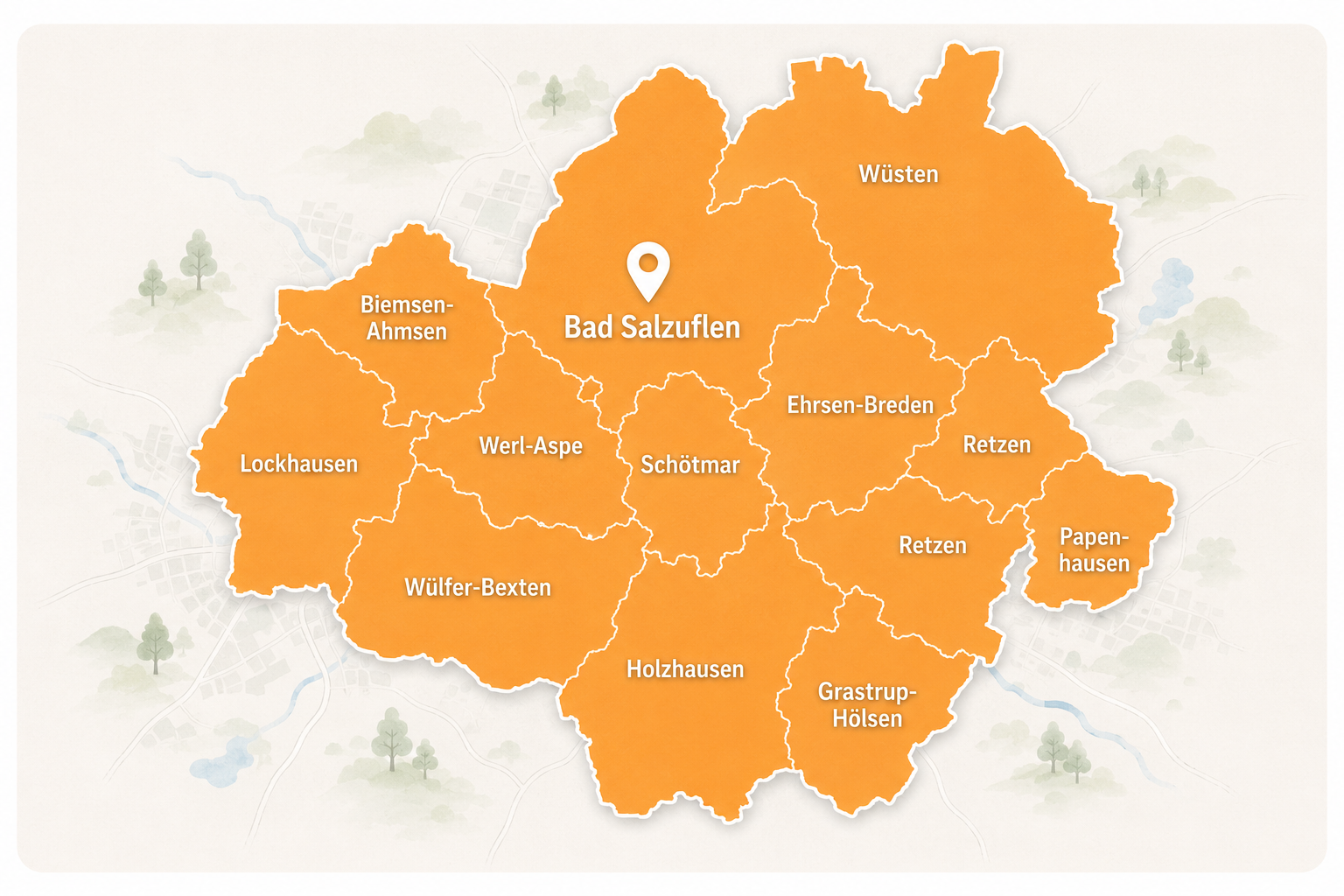 Karte der Ortsteile von Bad Salzuflen mit Bad Salzuflen, Schötmar, Werl-Aspe, Wüsten und weiteren Ortsteilen