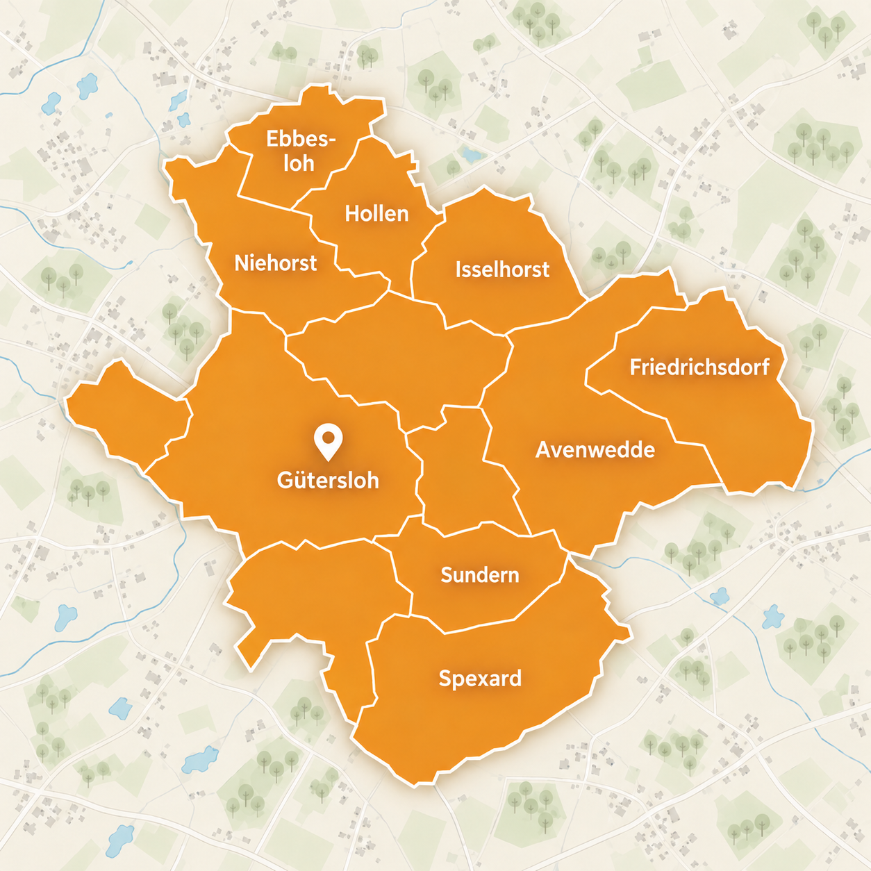 Karte von Gütersloh mit Stadtteilen wie Avenwedde, Friedrichsdorf, Spexard, Sundern, Isselhorst und Niehorst