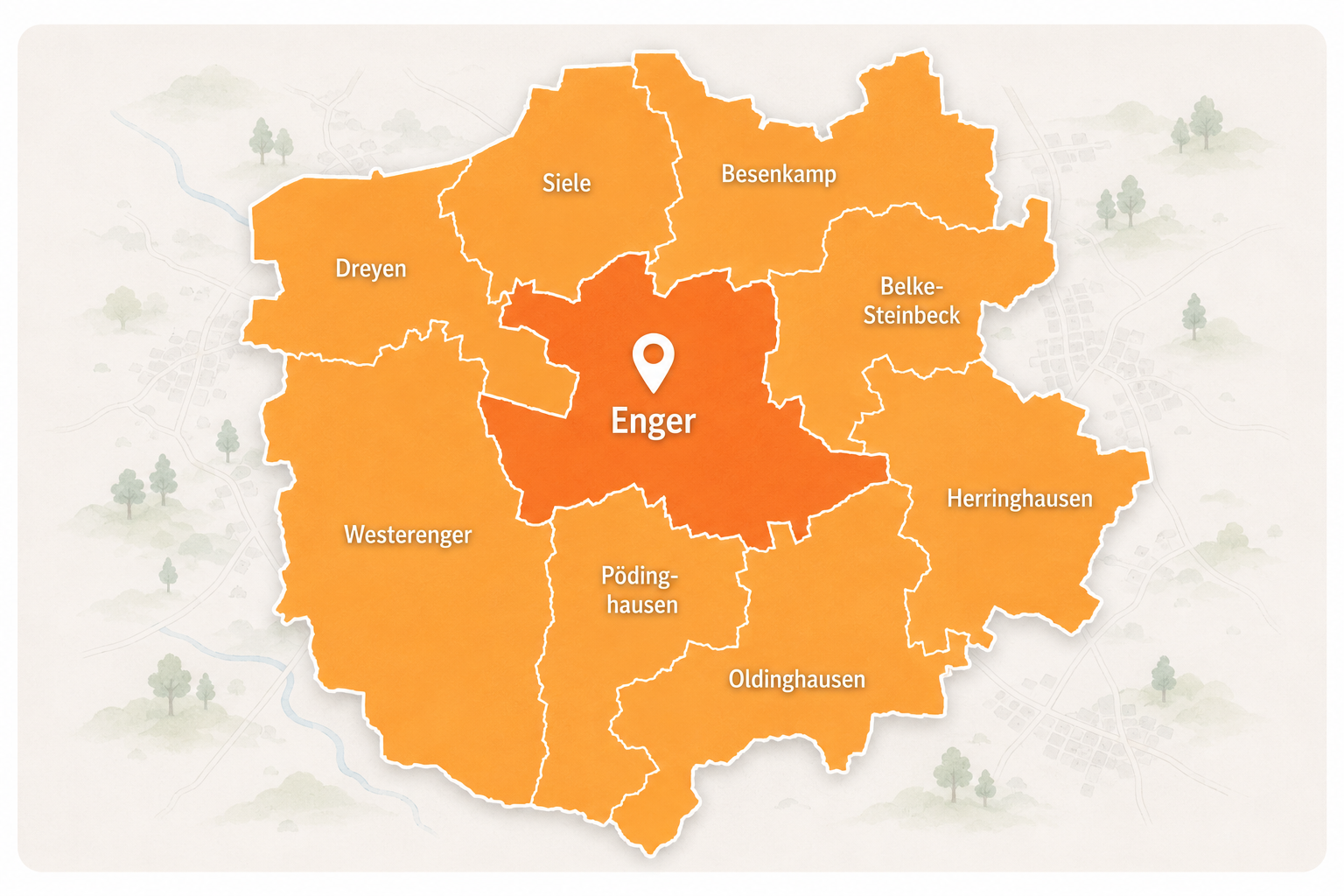 Karte der Stadtteile von Enger mit Enger, Westerenger, Dreyen, Siele, Besenkamp, Belke-Steinbeck, Herringhausen, Oldinghausen und Pödinghausen