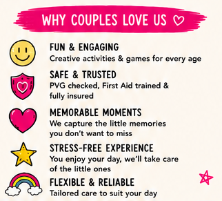 A list of qualities for a couple's service, highlighting fun activities, safety, memorable moments, stress-free experience, and flexibility, with colorful icons like a smiley face, shield, heart, star, and rainbow.