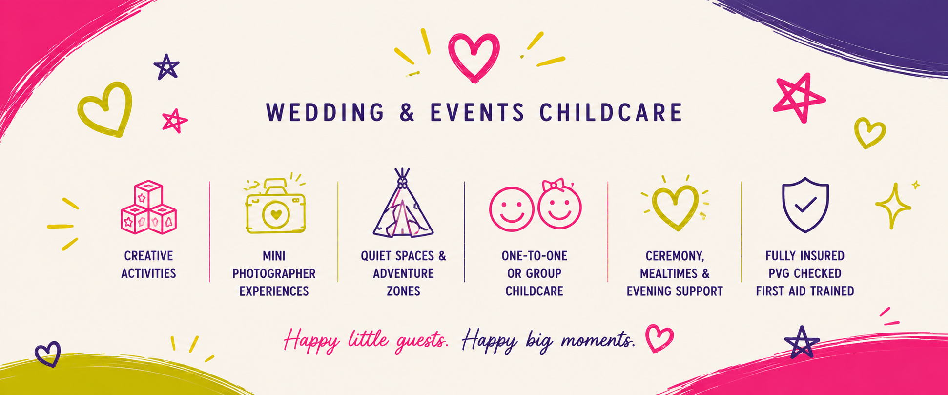 Colorful banner promoting wedding and events childcare, featuring illustrations of blocks, camera, teepee, smiling children, hearts, stars, and shield icons, with text highlighting activities and services.