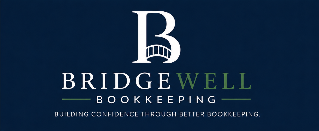 Bridgewell Bookkeeping logo with a large 'B' and bridge design, green and white text, blue background, and the slogan 'Building confidence through better bookkeeping.'