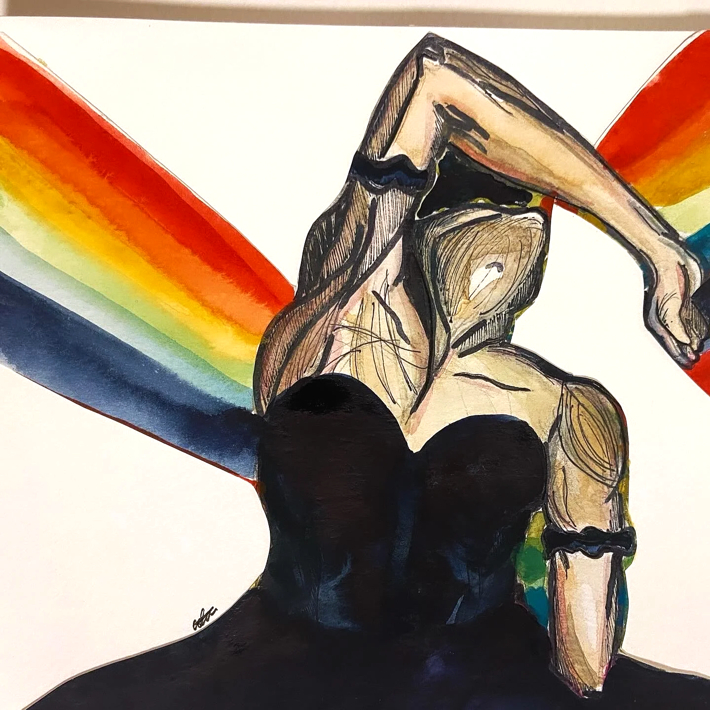 A colorful illustration of a woman with her hair covering her face, holding an LP record in front of her face, with a rainbow background.
