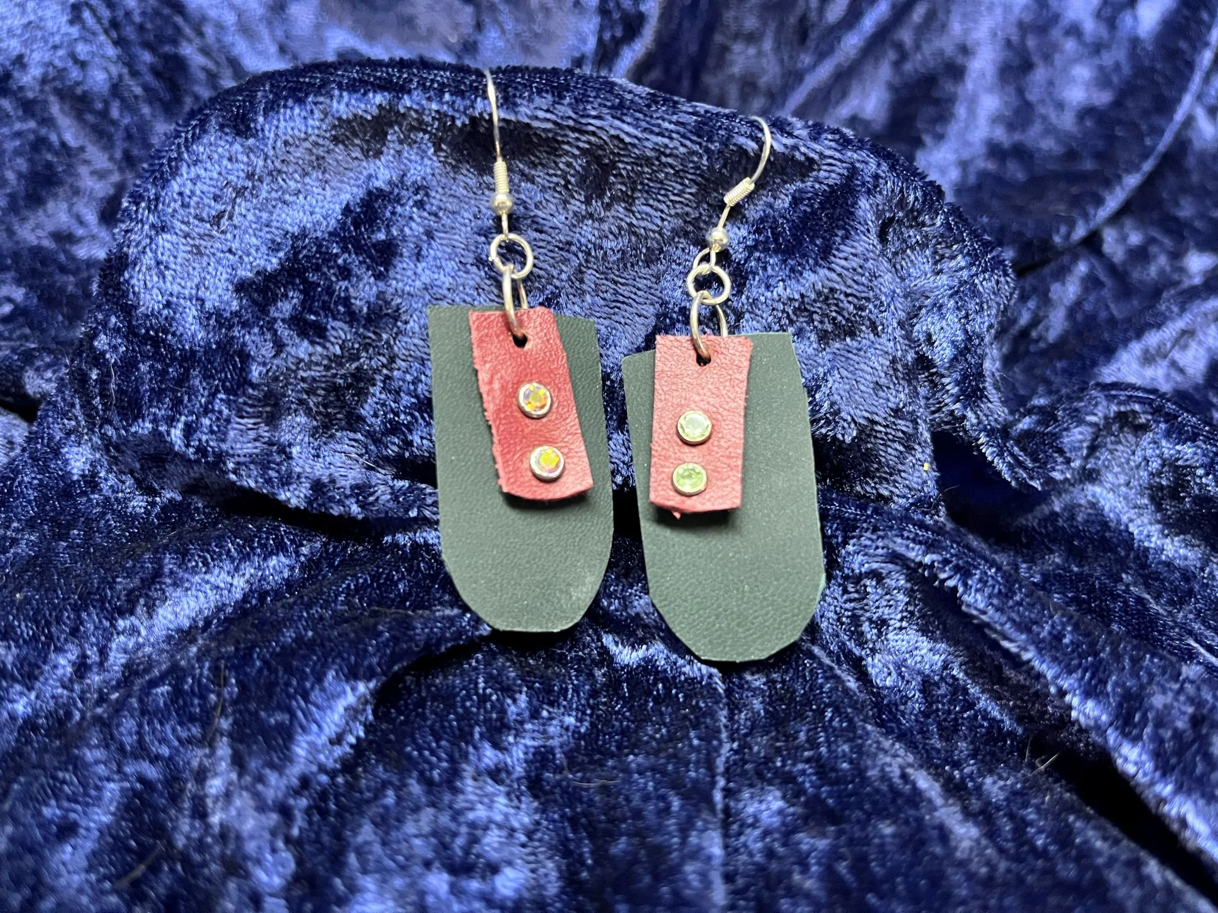 Teal & Red Leather Crystal Earrings