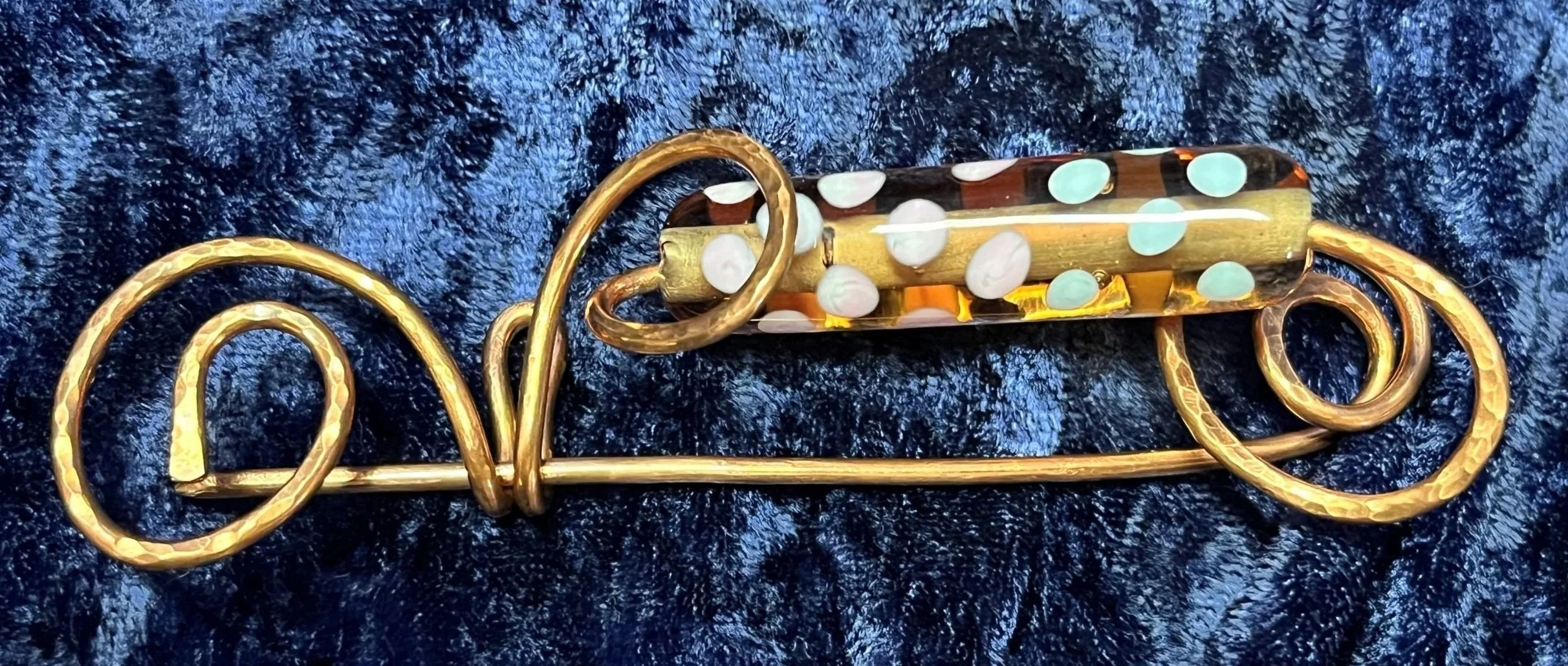 Artisan Copper Shawl Pin with Amber Glass Bead