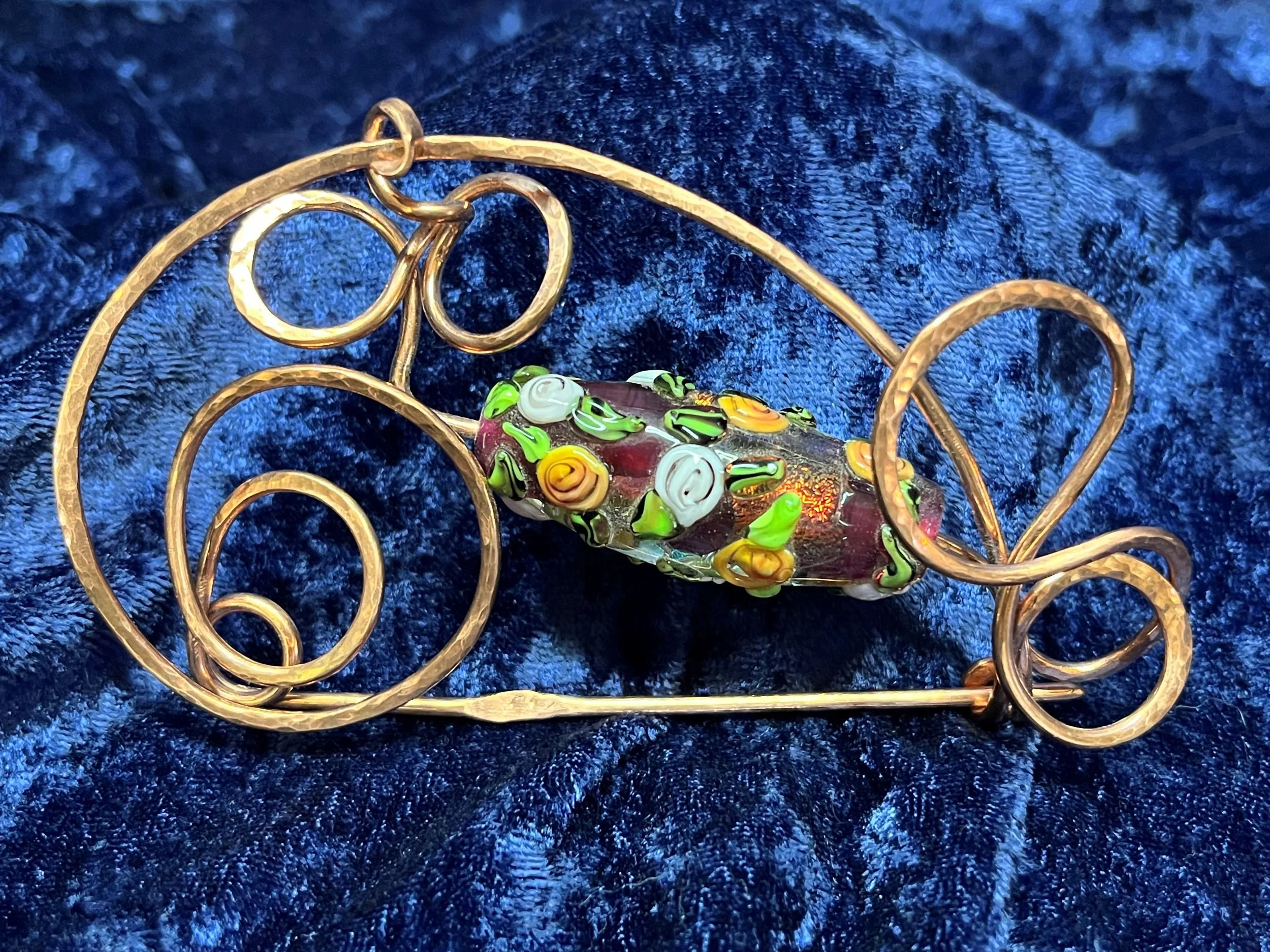 Artisan Copper Brooch with Glass Rose Bead