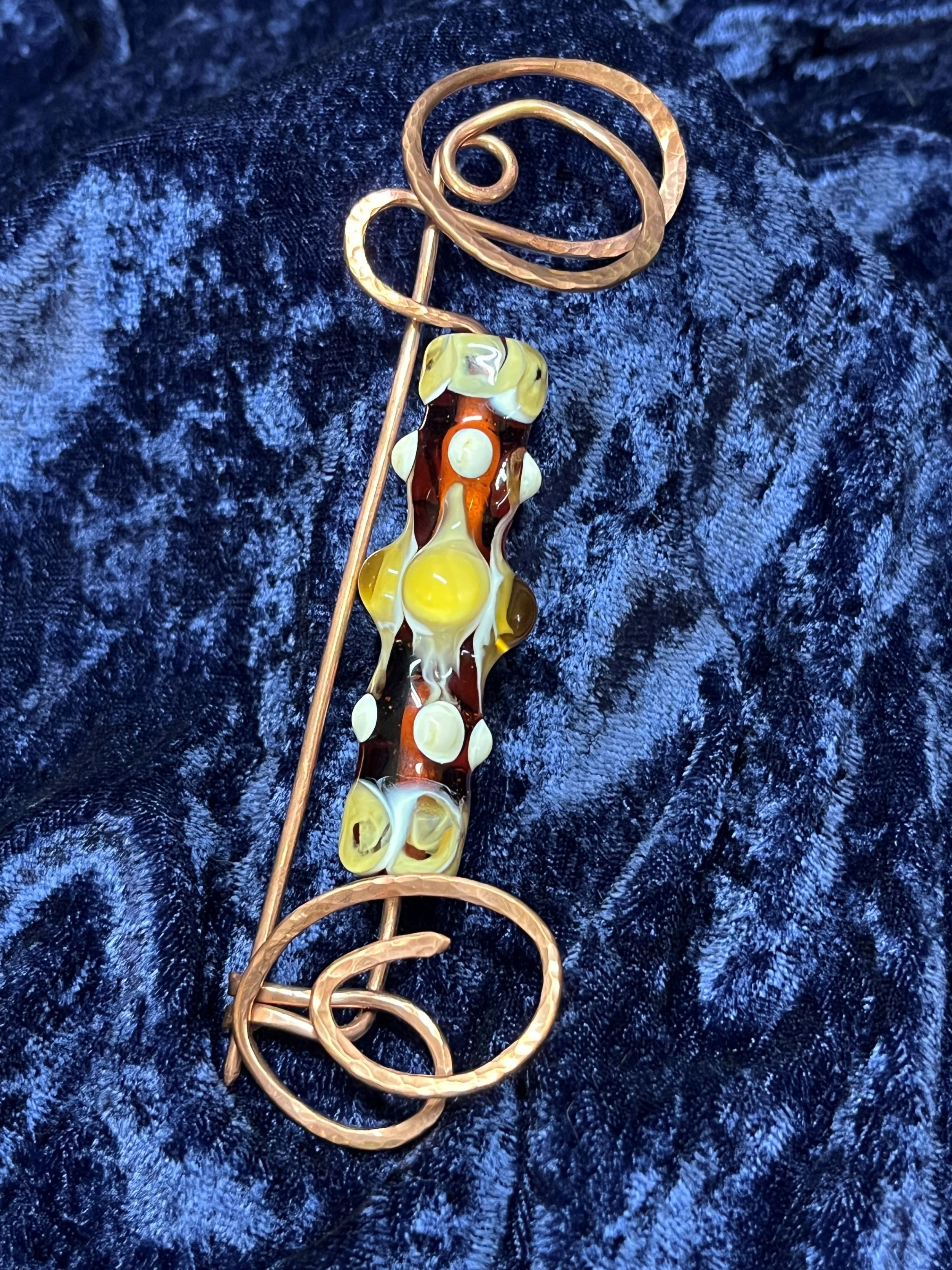 Handmade Copper Shawl Pin with Amber Glass Bead