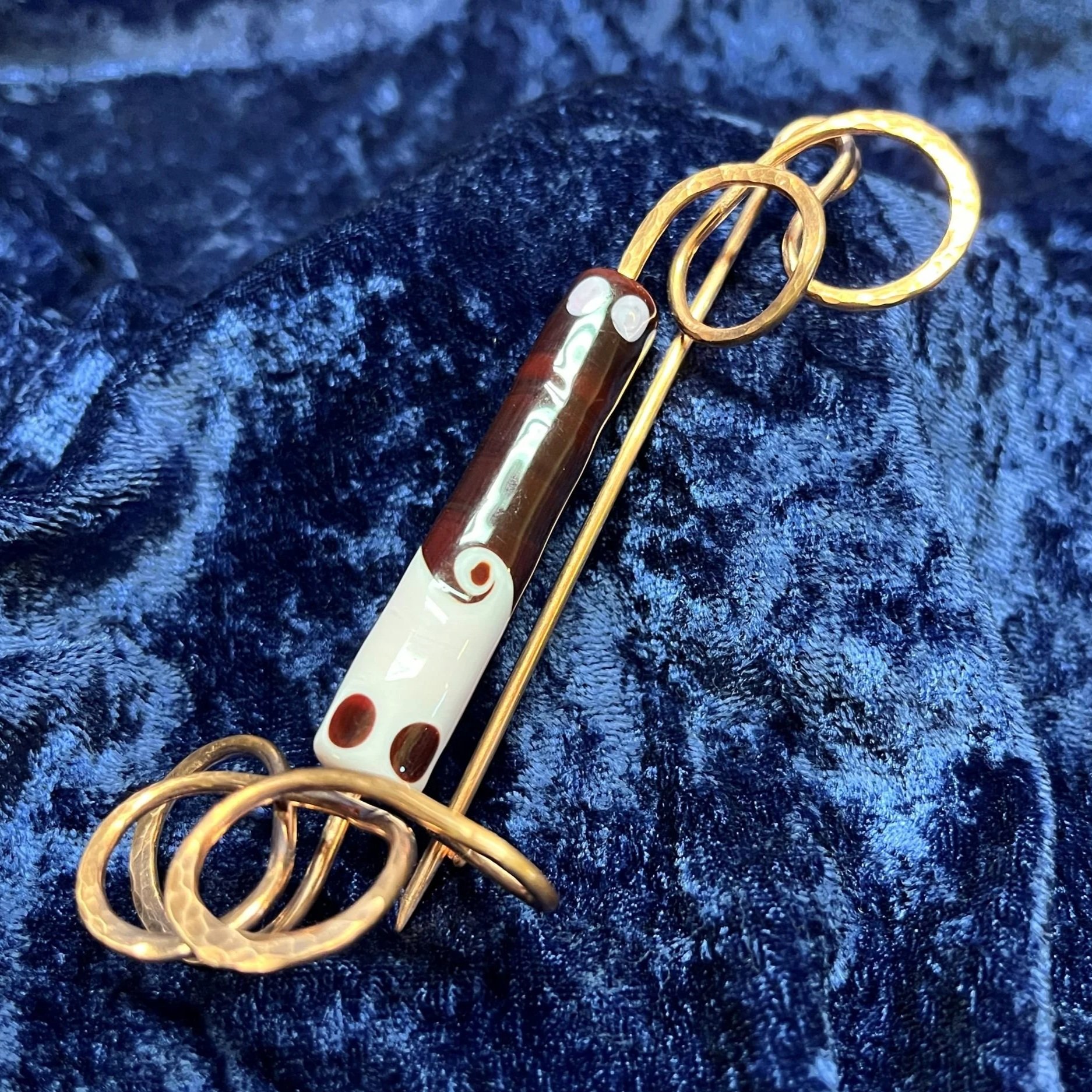 Handmade Copper Scroll Scarf Pin with Unique Glass Bead
