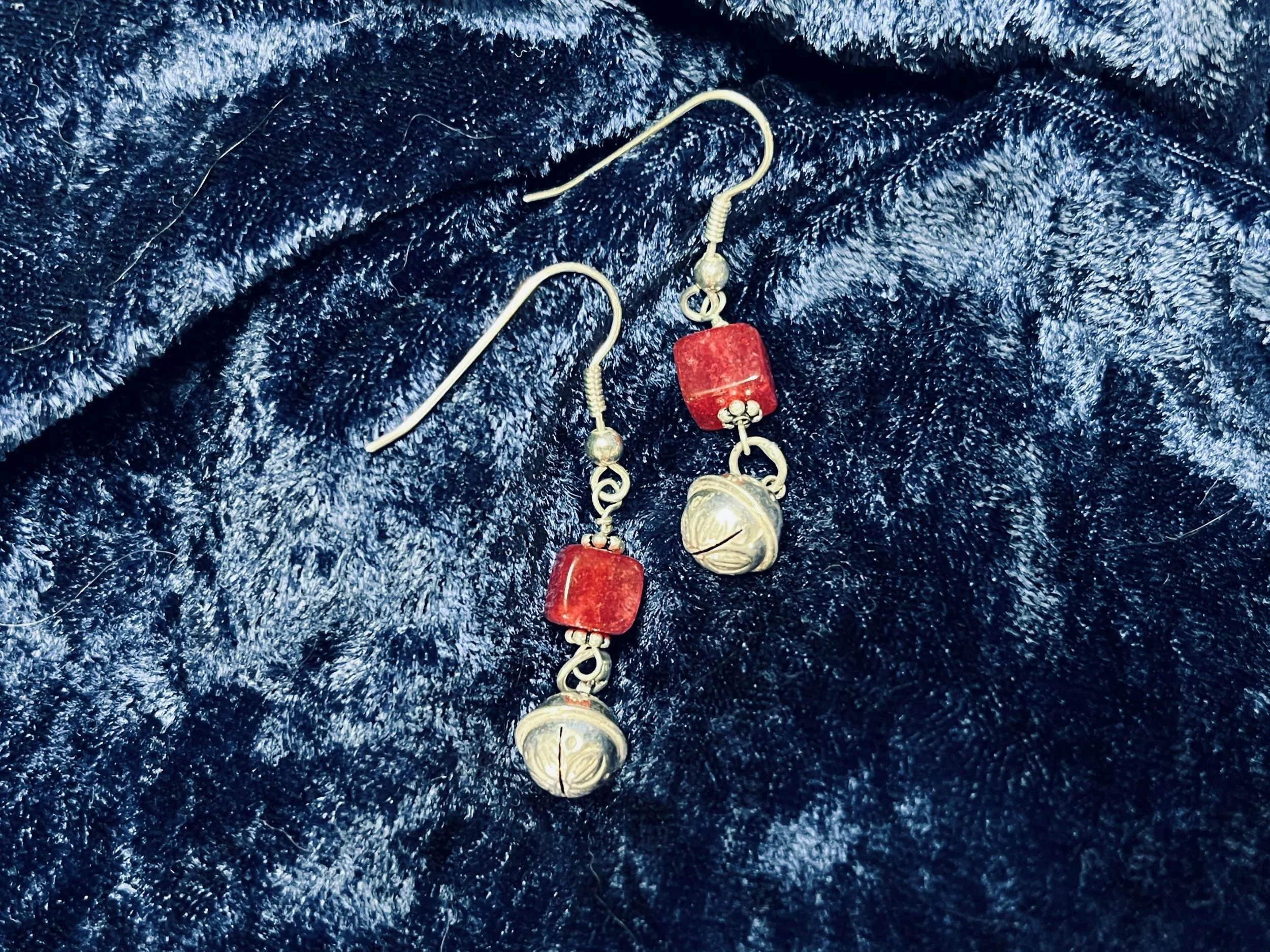 Festive Red Quartz Crystal Jingle Bell Earrings
