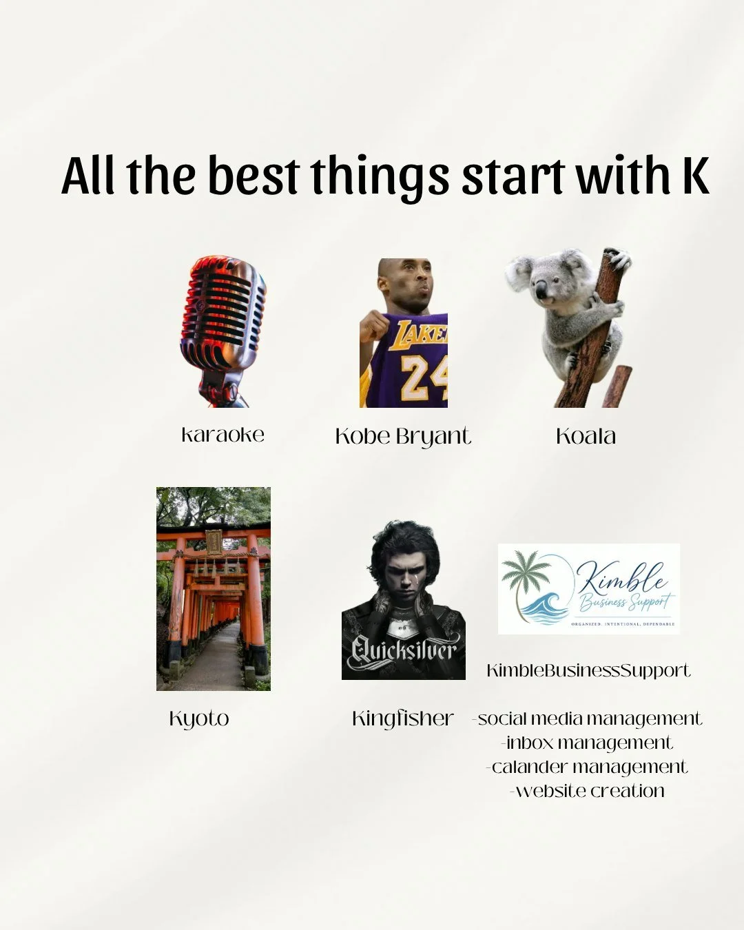 Not to be dramatic, but K is just built different. 🌊

Karaoke, Kobe, koalas, Kyoto&hellip; and the last one might just save your business.

Kimble Business Support &mdash; the K you didn&rsquo;t know you needed.

#virtualassistant #boutiqueowner #sm