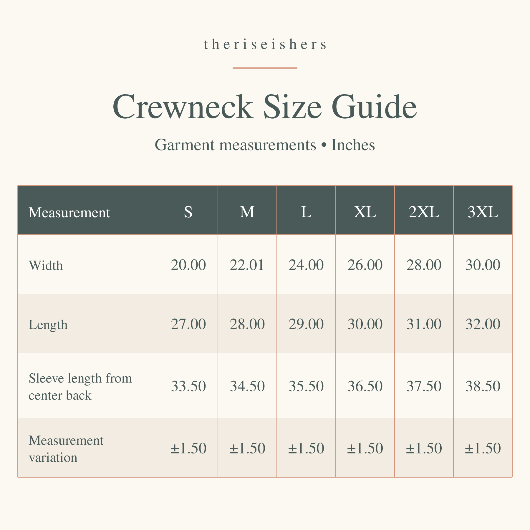 Crewneck sweatshirt size guide, S–3XL: garment width, length, sleeve length from center back, and measurement variation in inches.