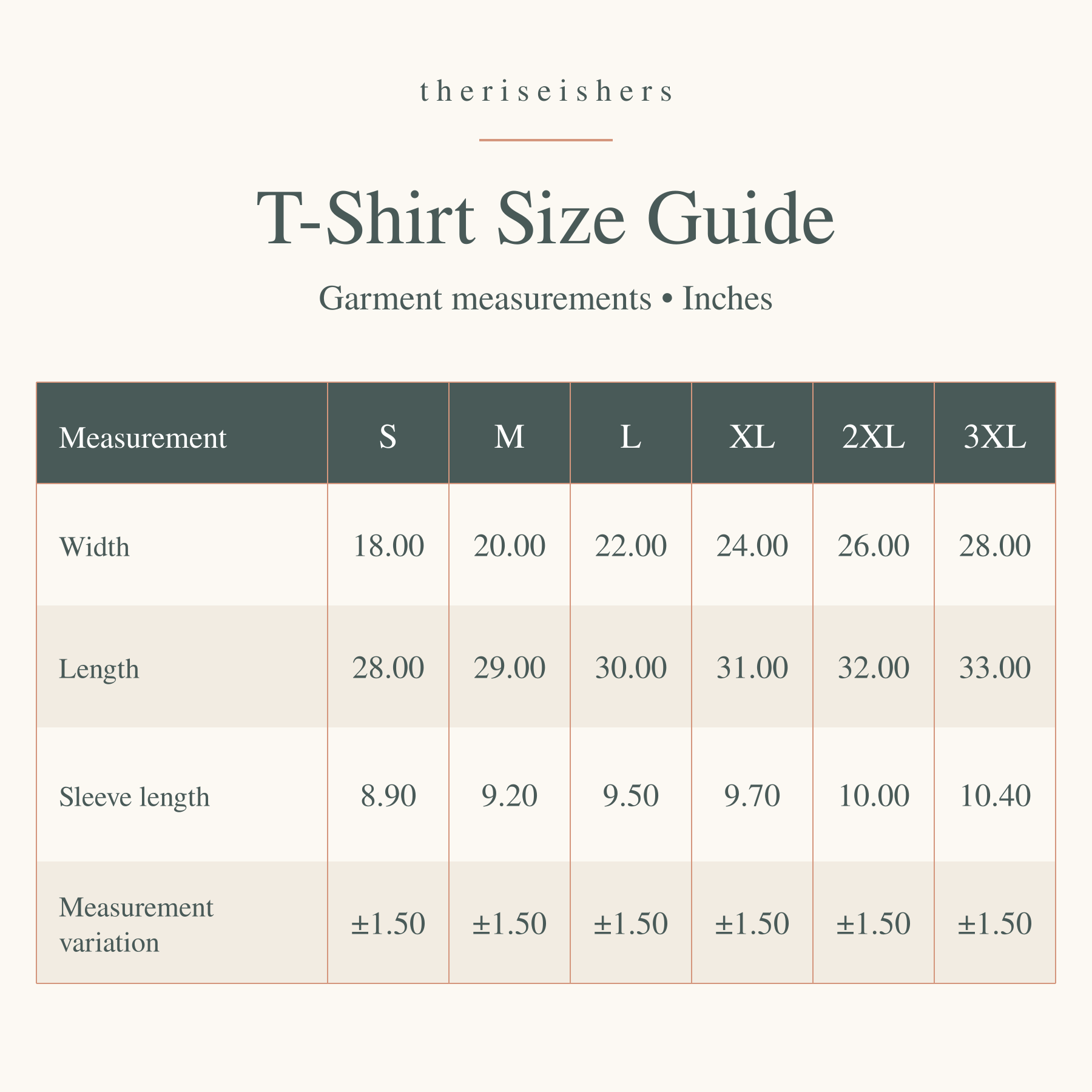 T-shirt size guide, S–3XL: garment width, length, sleeve length, and measurement variation in inches.