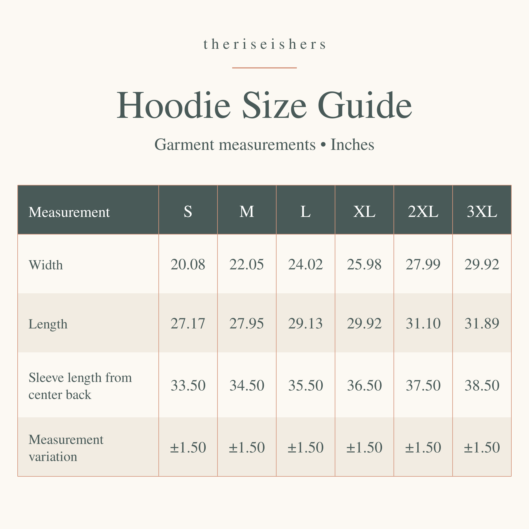 Hoodie size guide, S–3XL: garment width, length, sleeve length from center back, and measurement variation in inches.